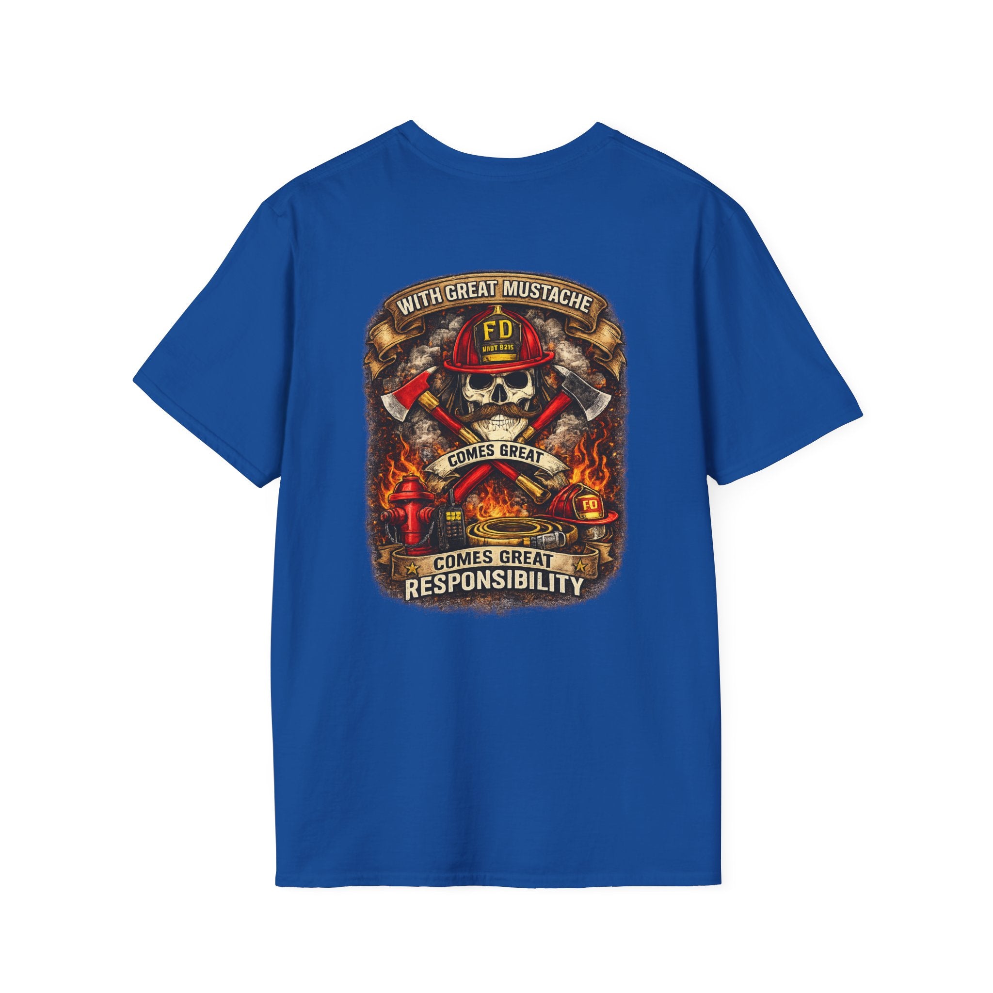 Firefighter Skull T-Shirt — “With Great Mustache Comes Great Responsibility” Graphic Tee