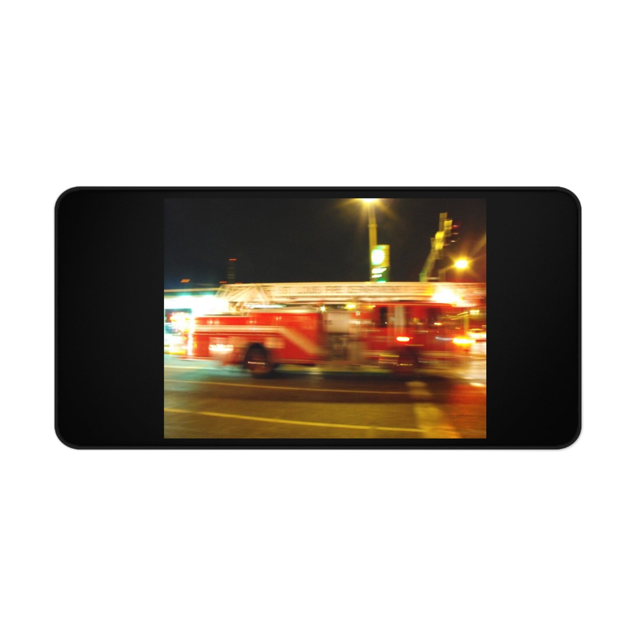 Emergency Response Desk Mat — Blurred Fire Truck Night Scene