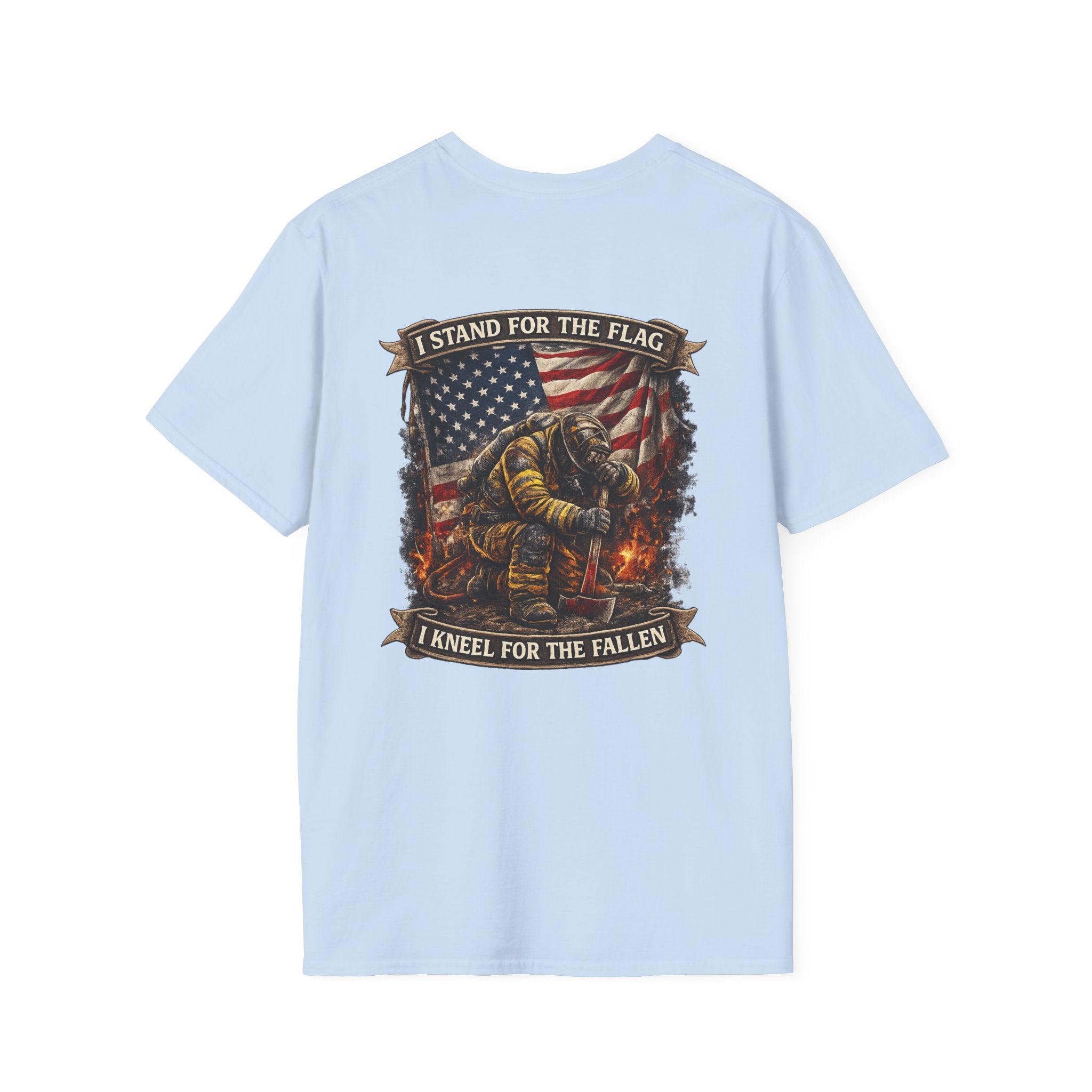 Patriotic Firefighter T-Shirt — "I Stand for the Flag, I Kneel for the Fallen"