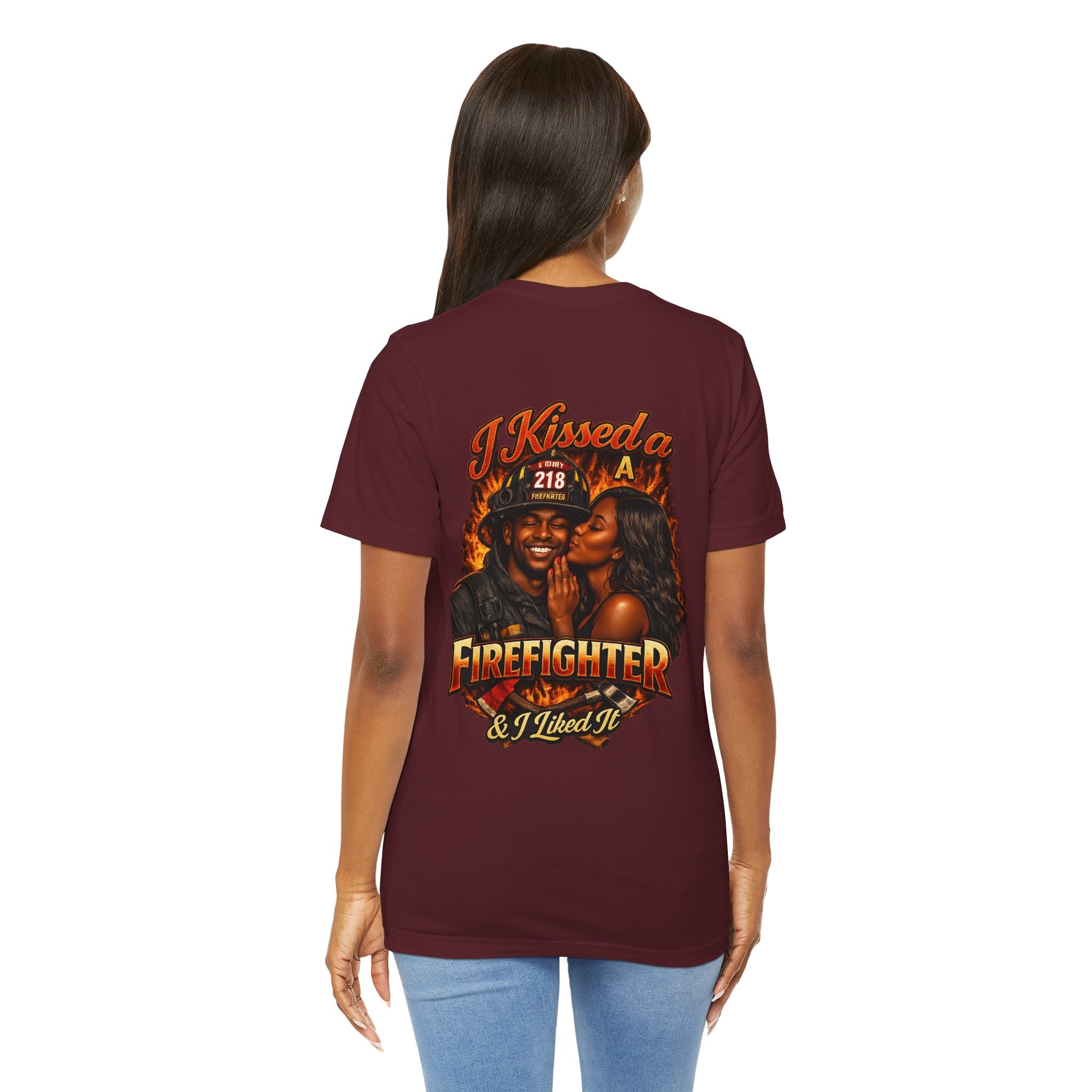 Firefighter Kiss T‑Shirt – "I Kissed a Firefighter & I Liked It" Back Print