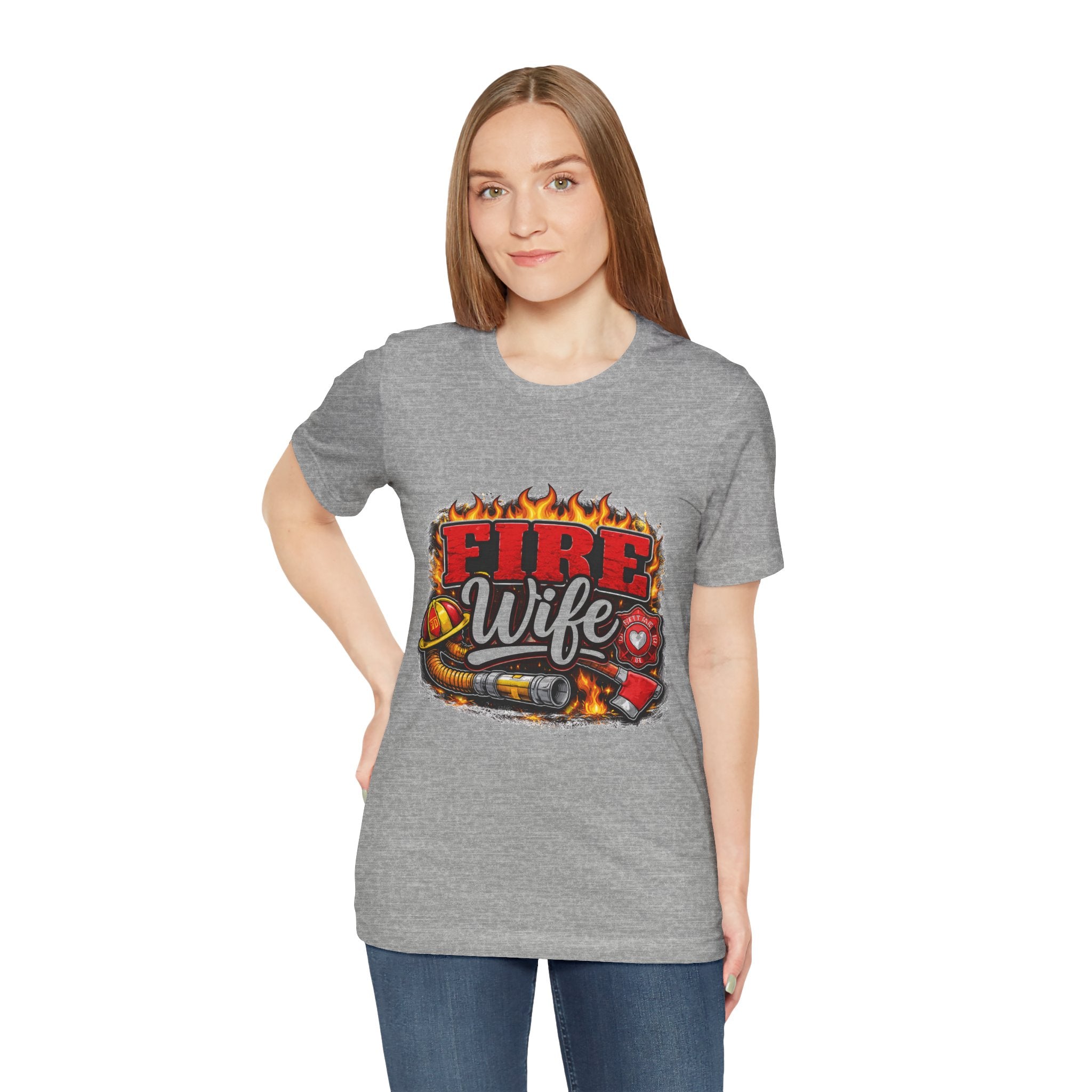 Fire Wife T-Shirt – Firefighter Spouse Tee with Helmet, Hose & Flames