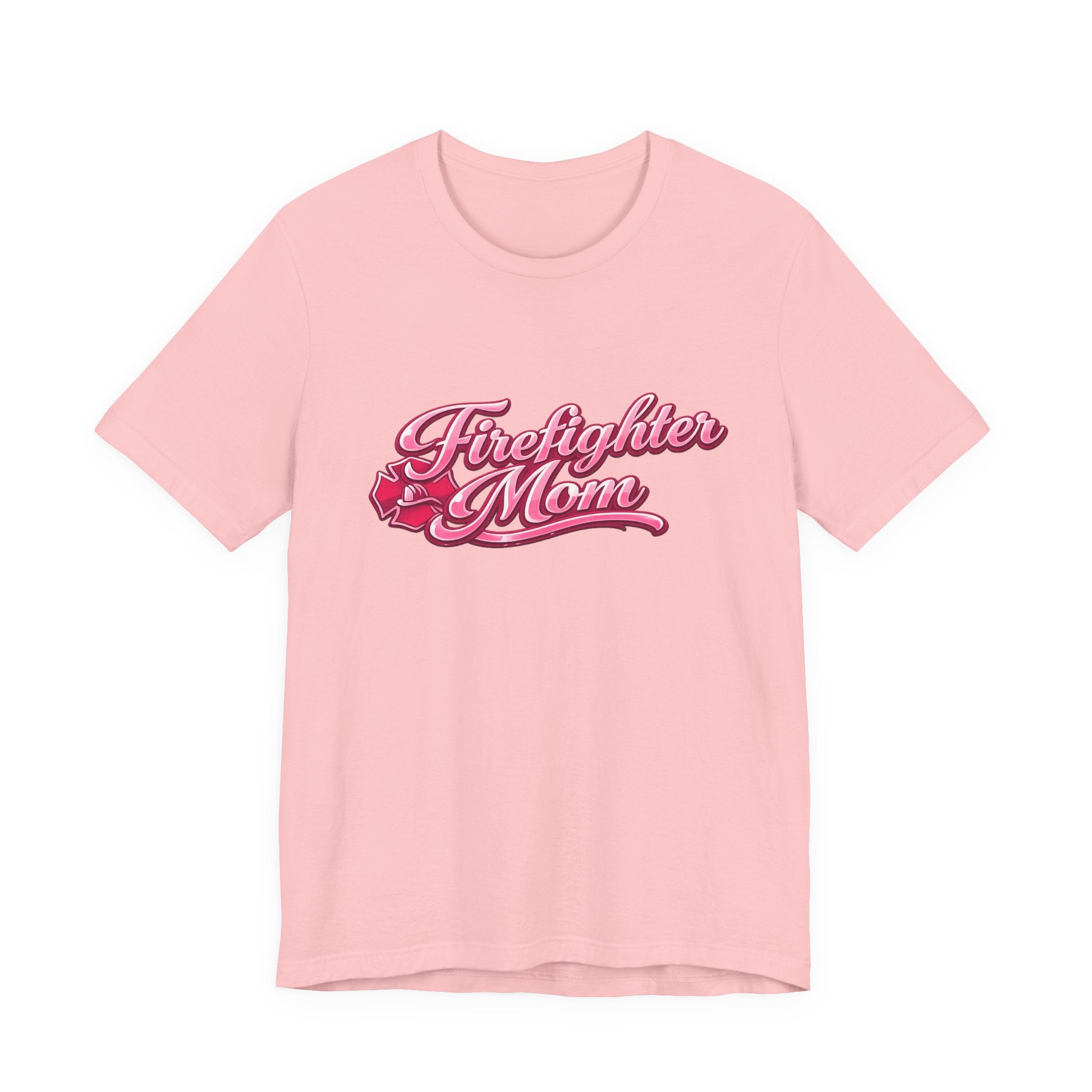 Firefighter Mom T-Shirt — Pink Script Rescue Emblem Tee