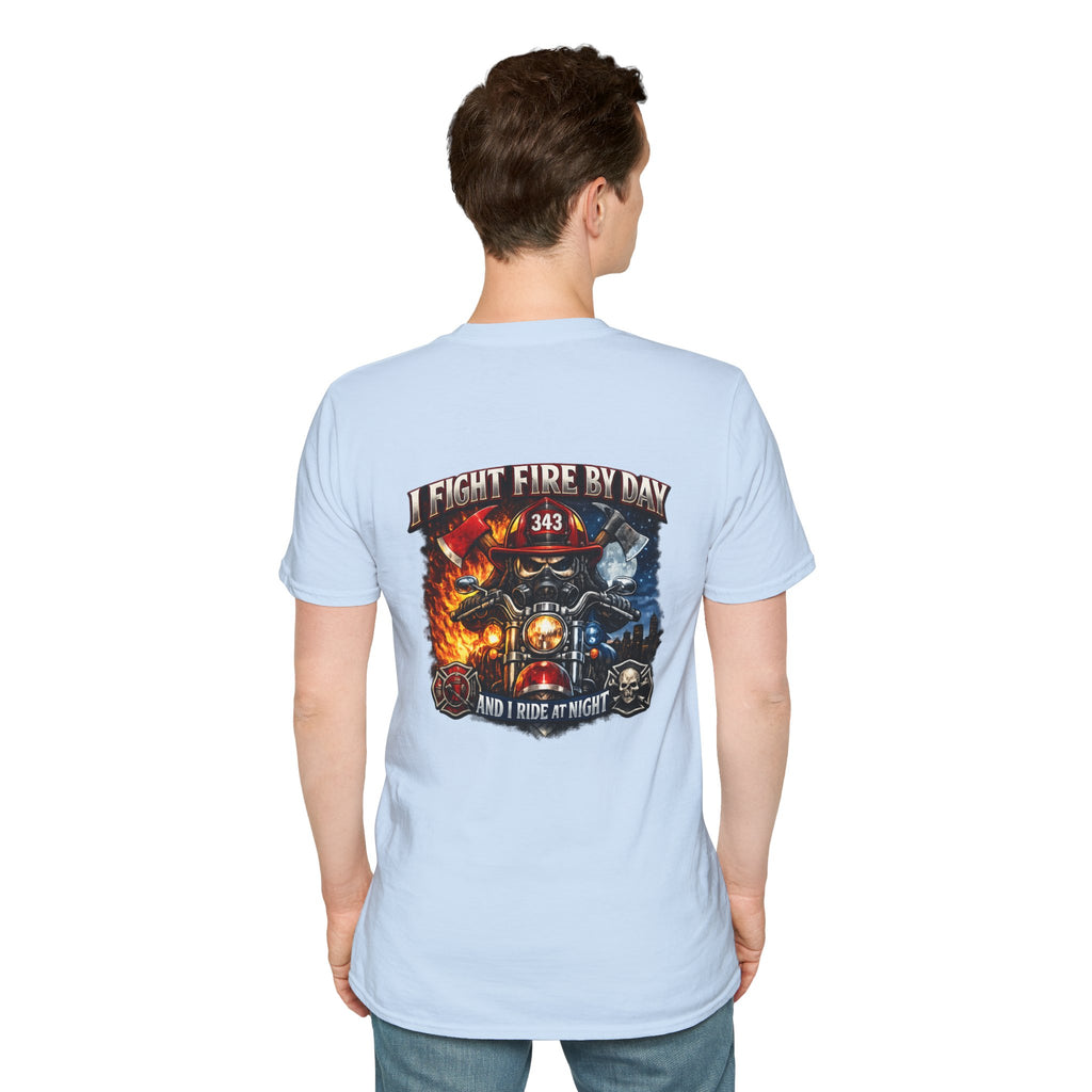 Firefighter T-Shirt — "I Fight Fire By Day and I Ride At Night" Graphic Tee