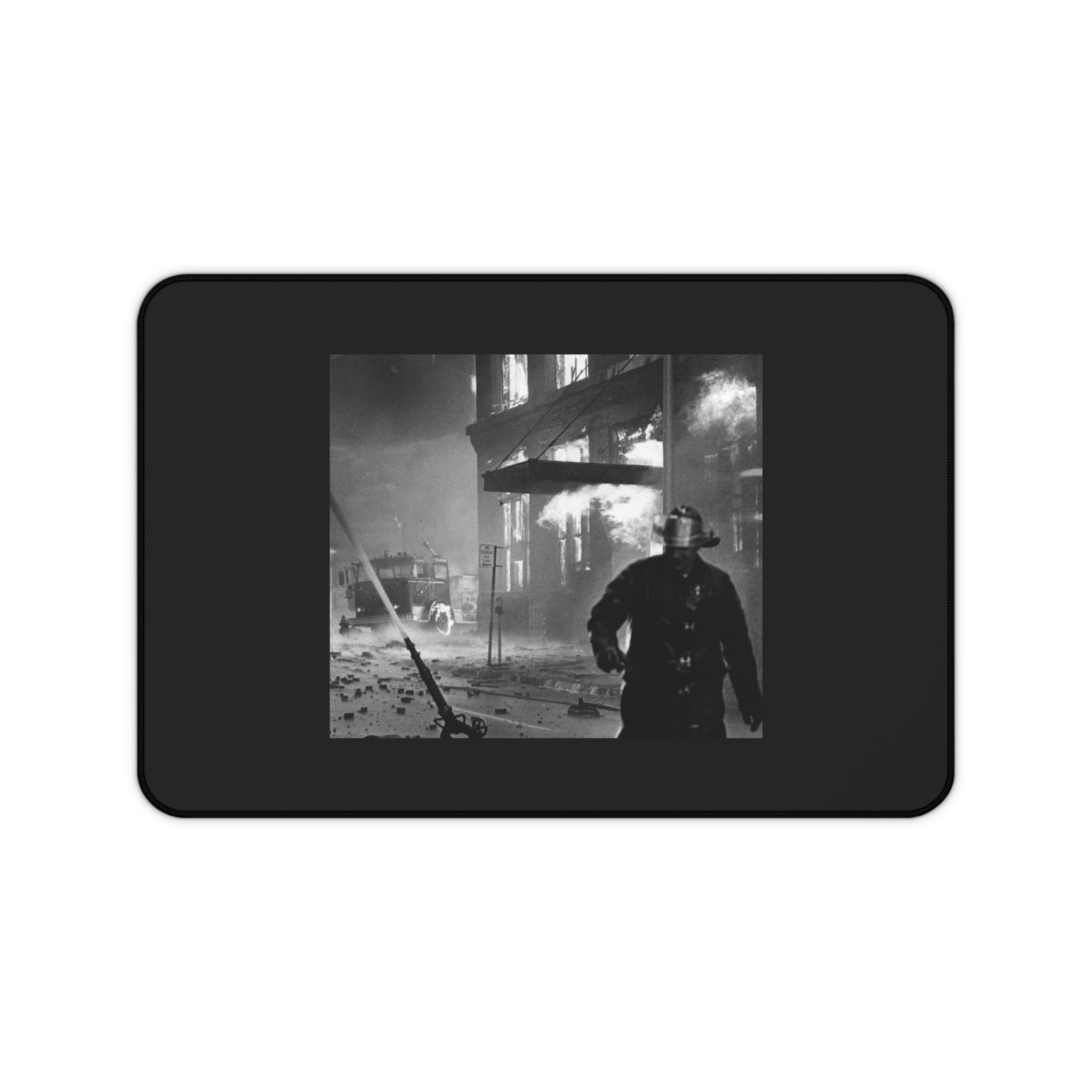 Vintage Firefighter Photo Desk Mat – Retro Black & White Fire Scene Mouse Pad