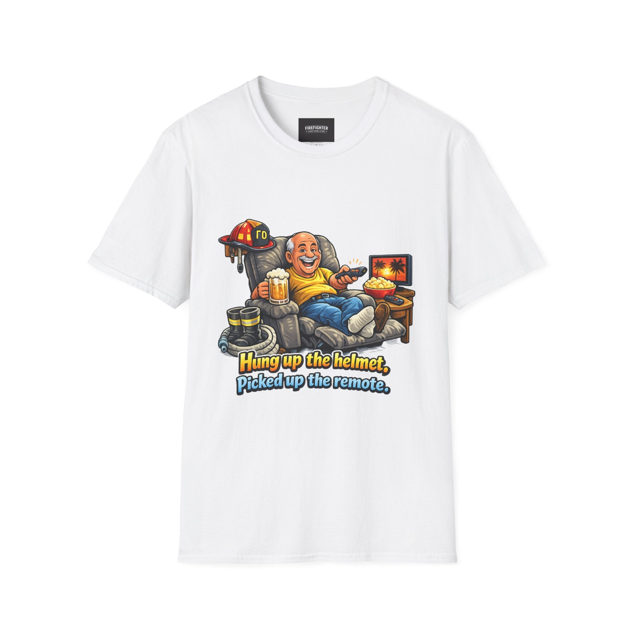 Firefighter Retirement T-Shirt — "Hung up the helmet, picked up the remote" Graphic on Front