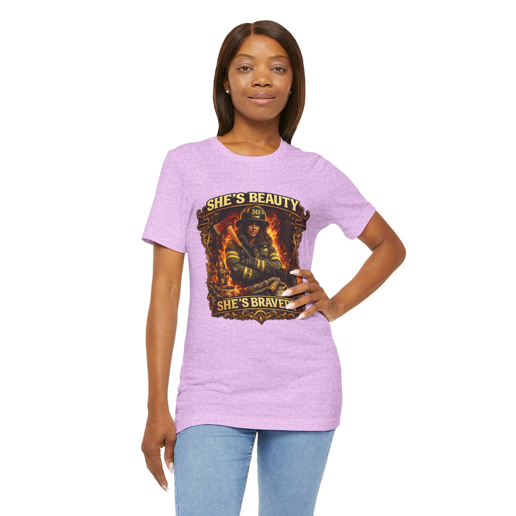 Firefighter Woman Tee - "She's Beauty, She's Bravery" Graphic T-Shirt