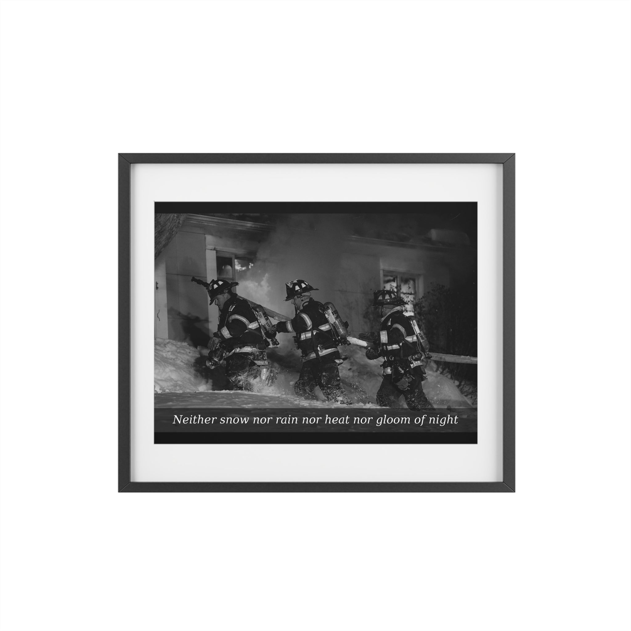 Framed Poster — Firefighters Vintage Photo with Quote (“Neither snow nor rain nor heat nor gloom of night”)