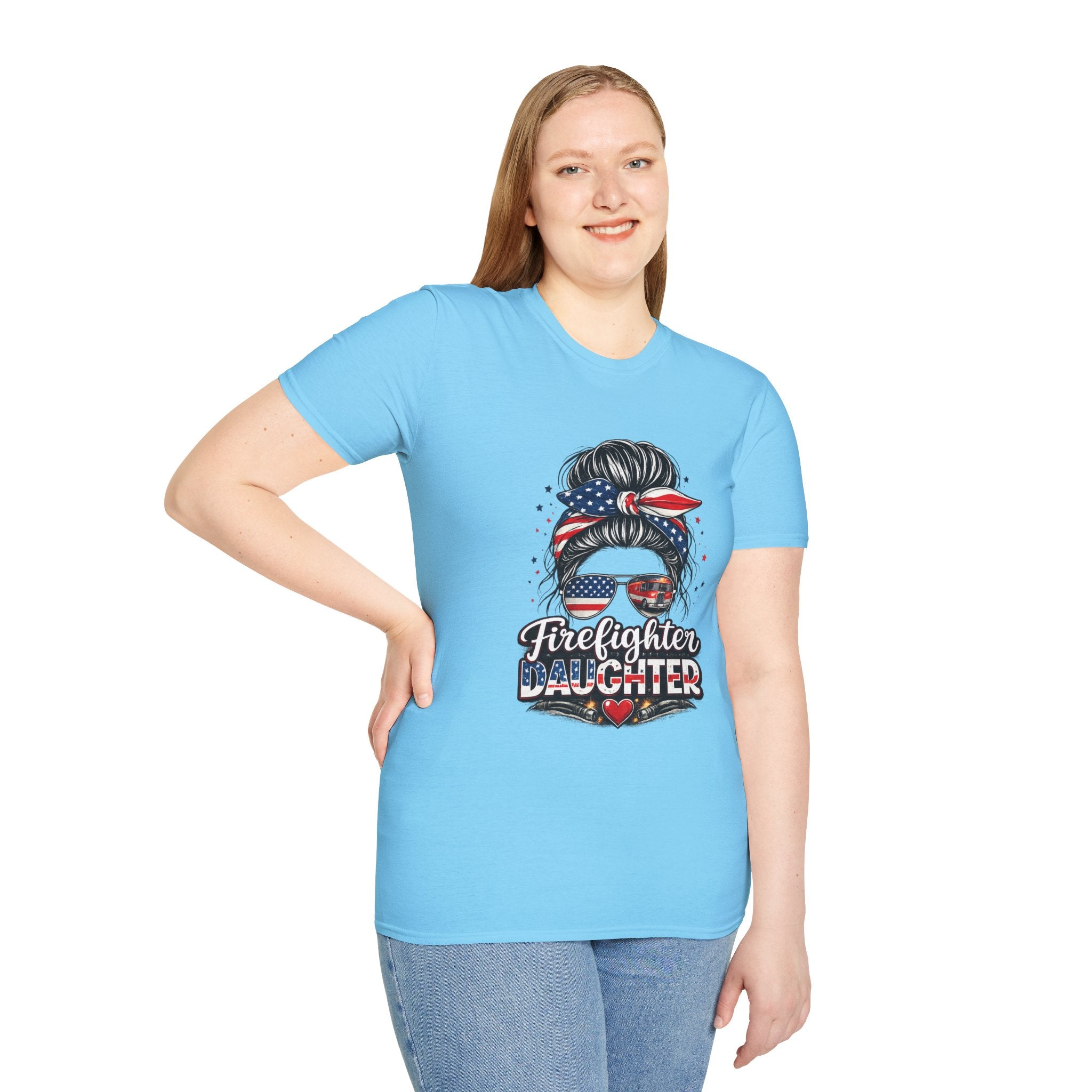 Firefighter Daughter T-Shirt — Patriotic Messy Bun Sunglasses Design