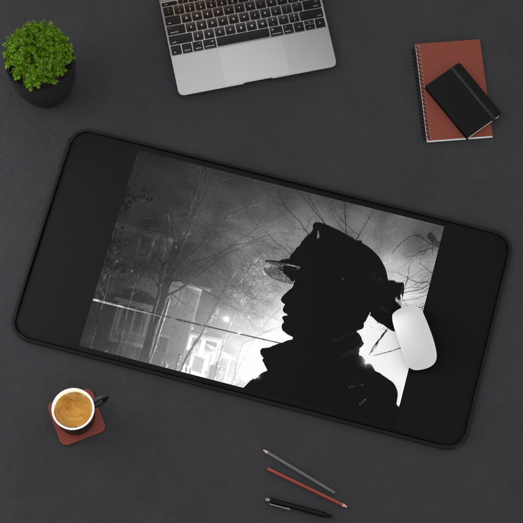 Firefighter Silhouette Desk Mat – Black & White Emergency Hero Mouse Pad