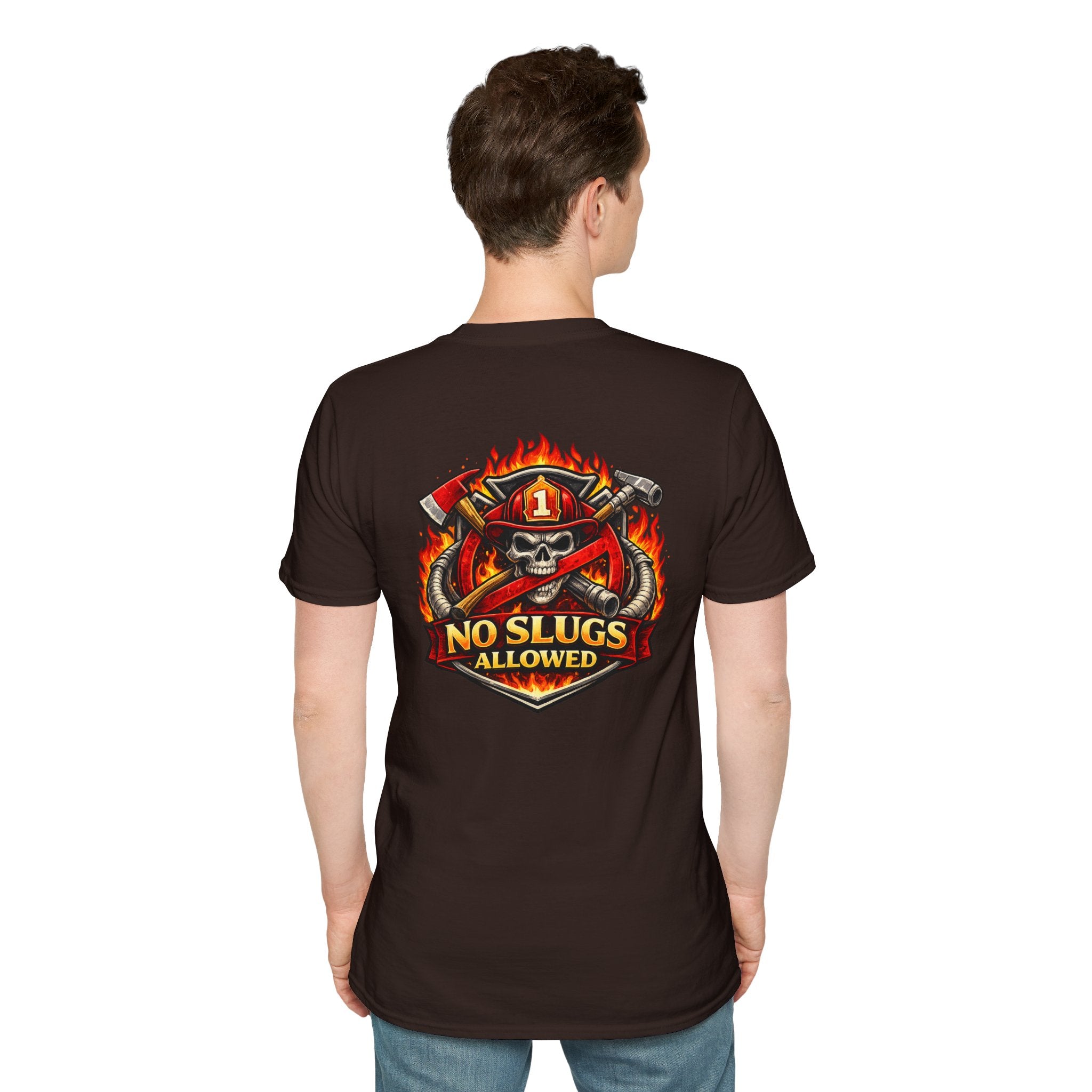 Firefighter Skull T-Shirt — "No Slugs Allowed" Graphic Tee