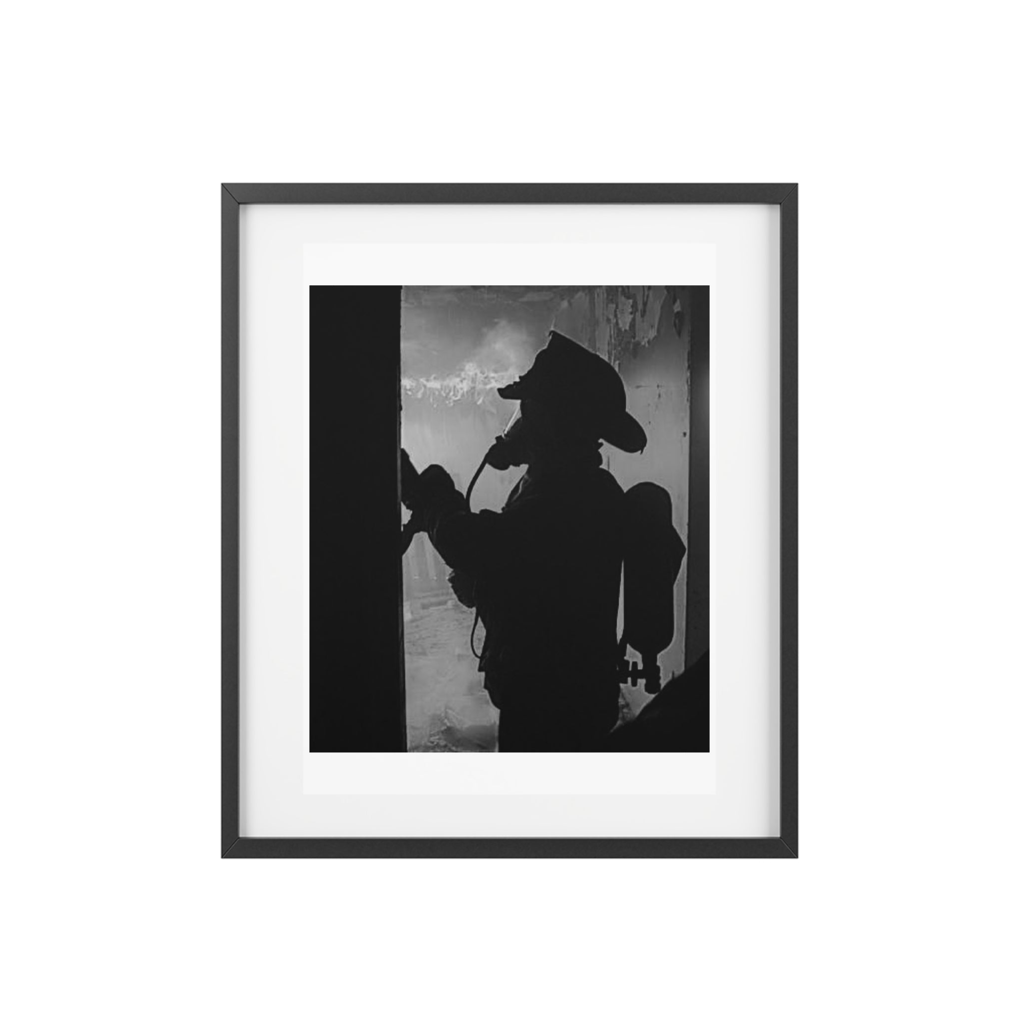 Black & White Firefighter Silhouette Framed Poster — Matte Wall Art