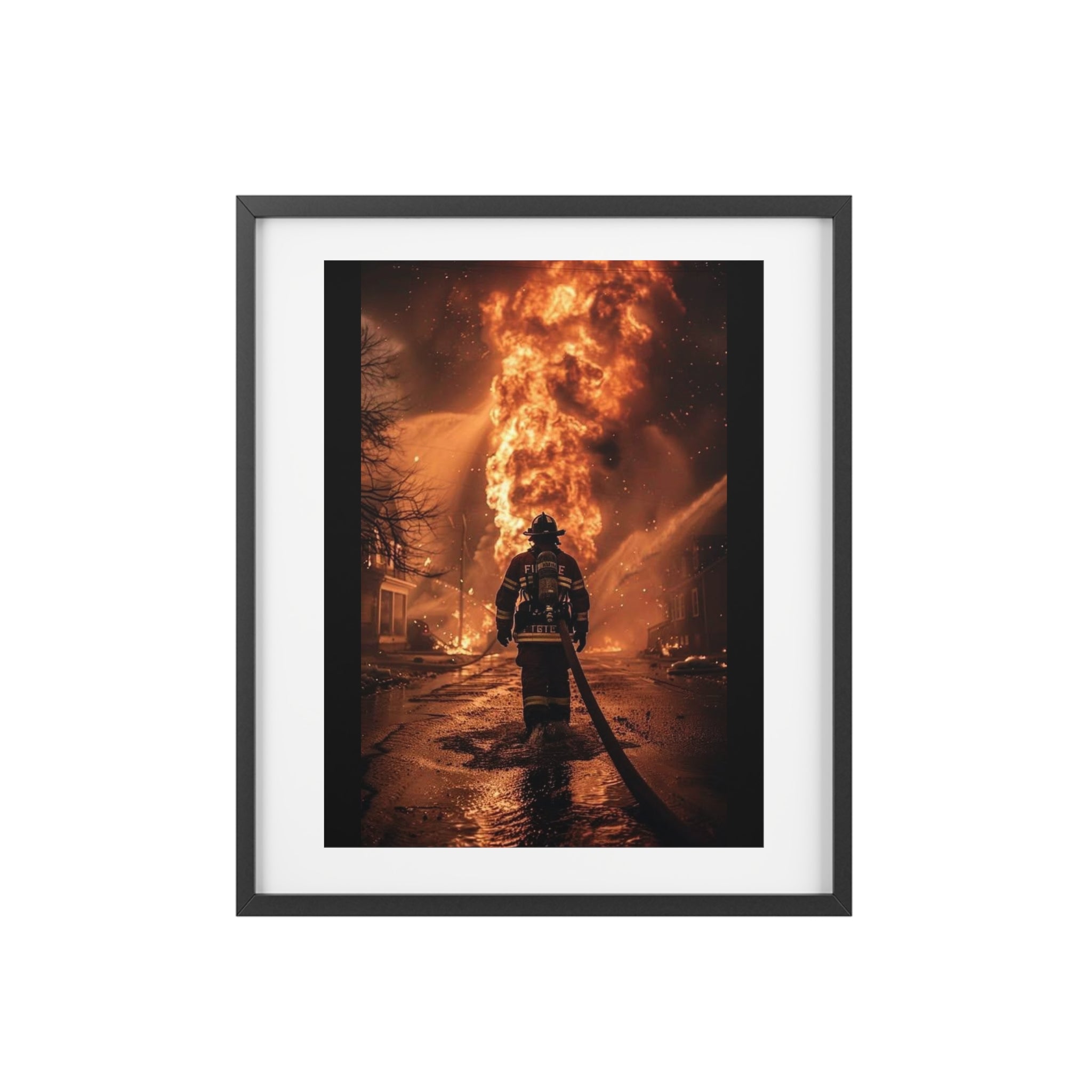 Firefighter Action Framed Poster — Dramatic Blaze Wall Art