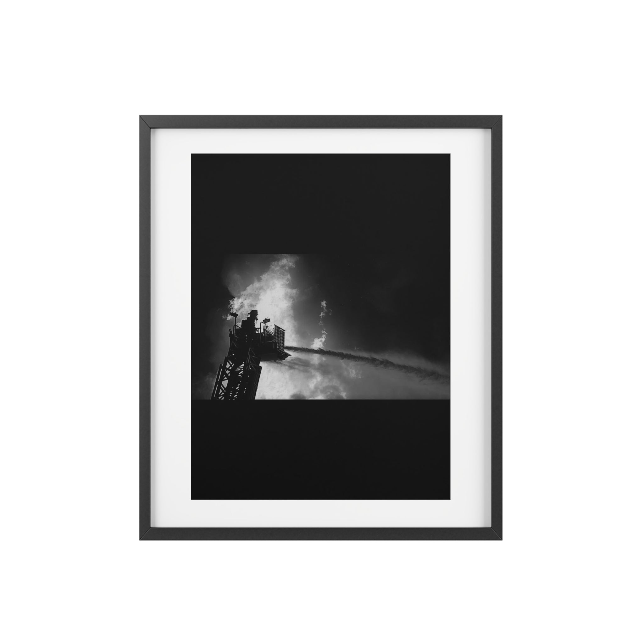 Framed Poster — Dramatic Black & White Firefighter Ladder Photo (Matte)