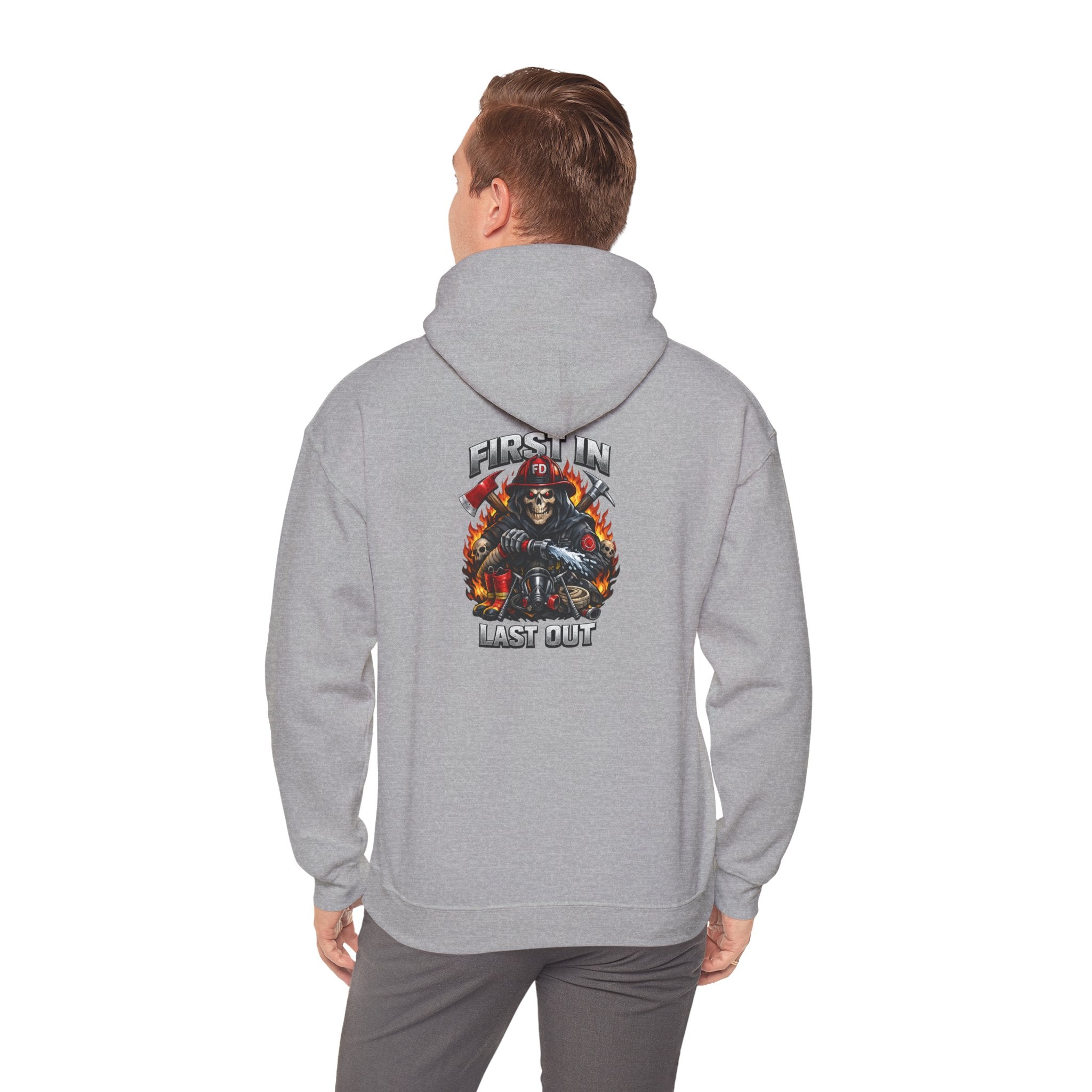 Fireman Skull Hoodie - "Fire In, Last Out" Firefighter Pullover