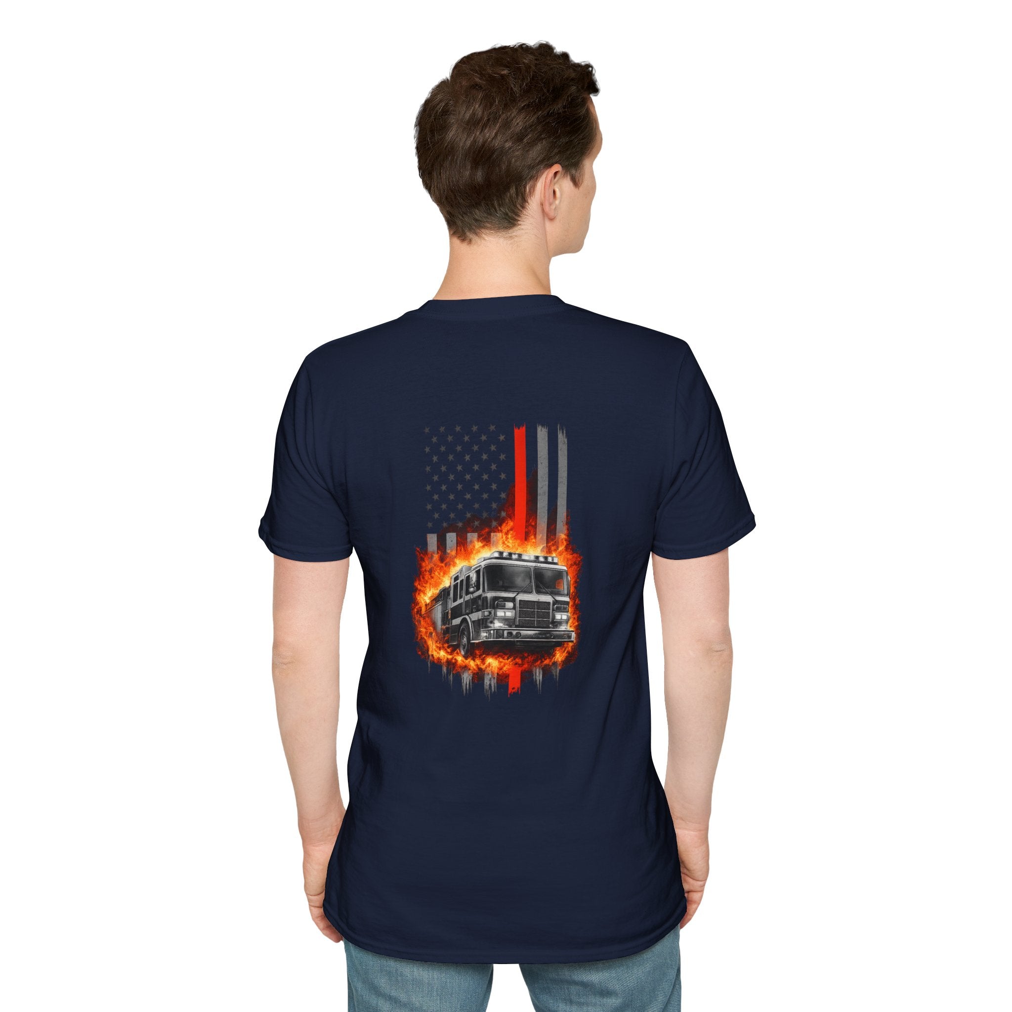 Firefighter T-Shirt with American Flag and Fire Truck