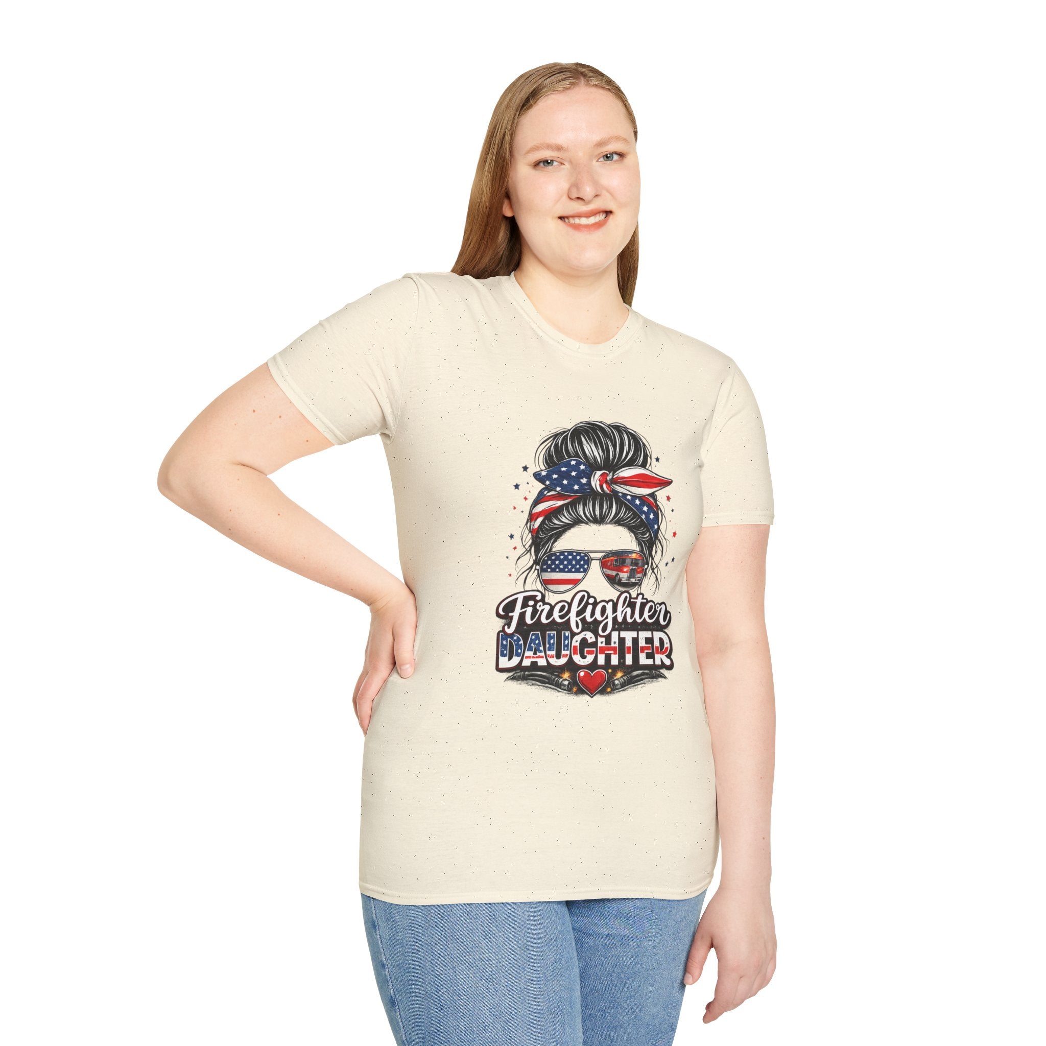 Firefighter Daughter T-Shirt — Patriotic Messy Bun Sunglasses Design