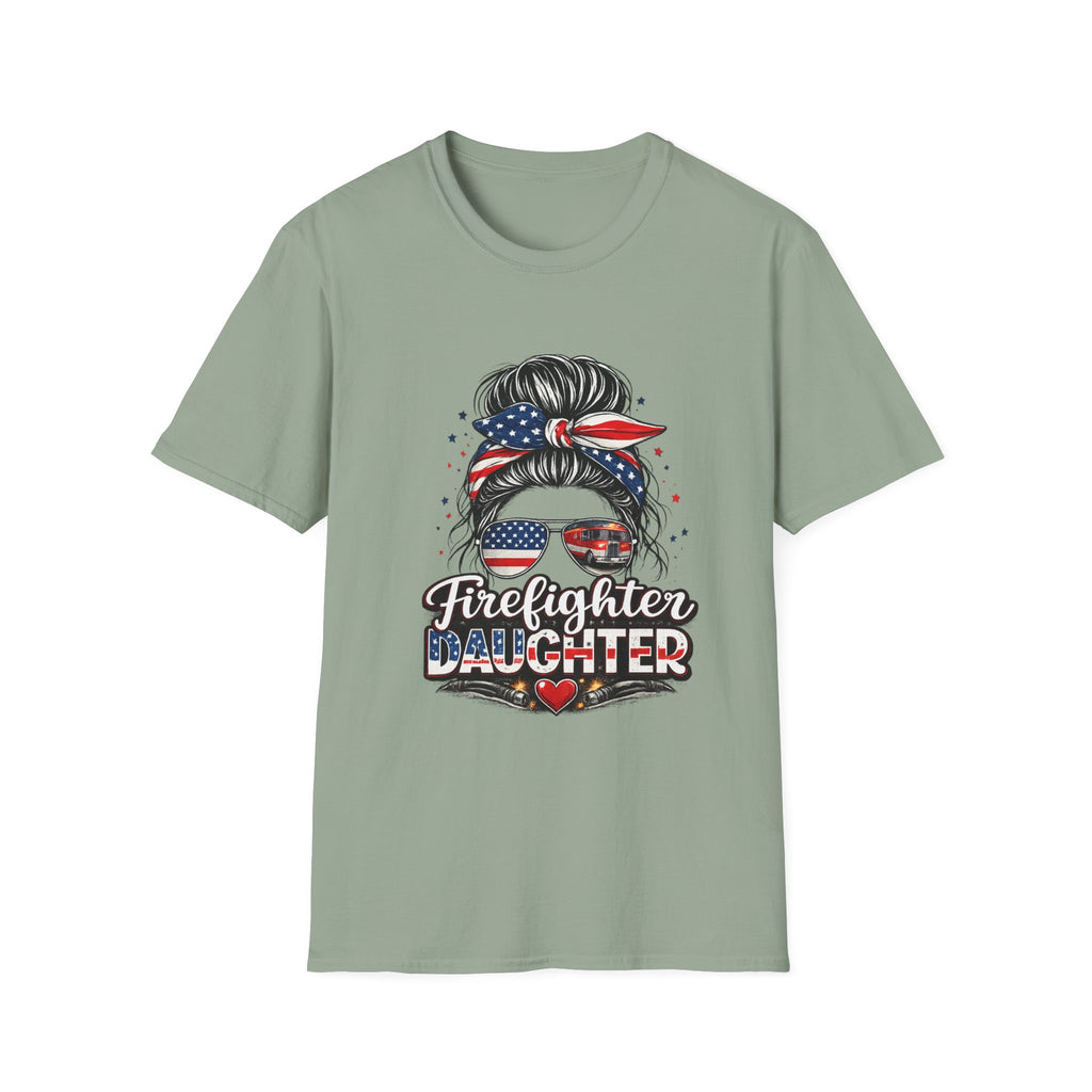 Firefighter Daughter T-Shirt — Patriotic Messy Bun Sunglasses Design