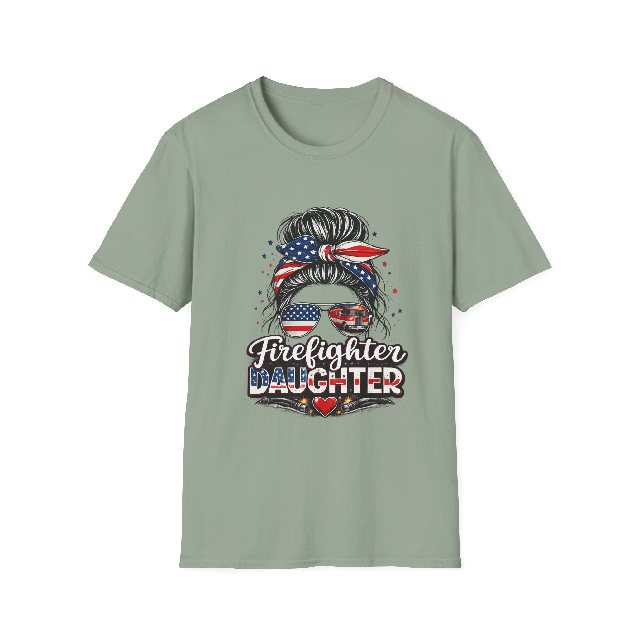 Firefighter Daughter T-Shirt — Patriotic Messy Bun Sunglasses Design