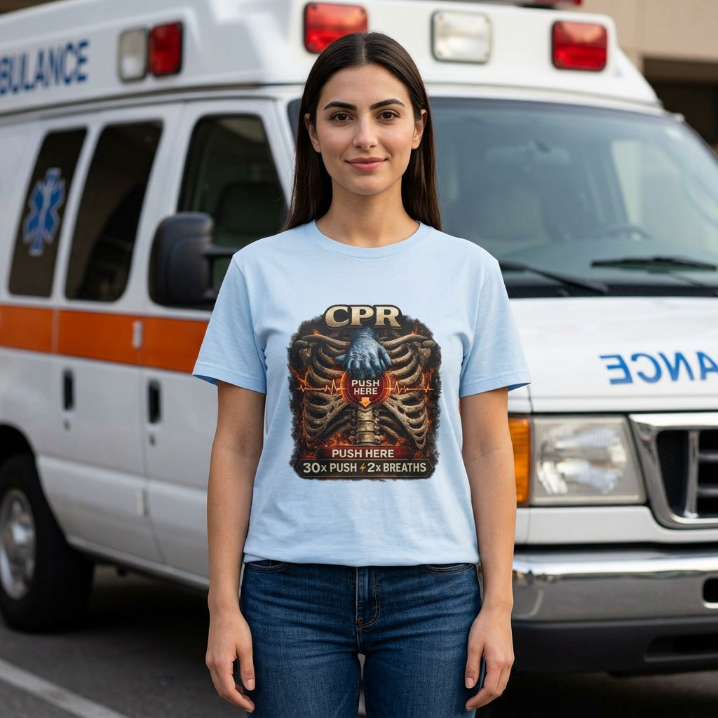 CPR Instruction T-Shirt — Ribcage Graphic with "Push Here: 30x Push + 2x Breaths"