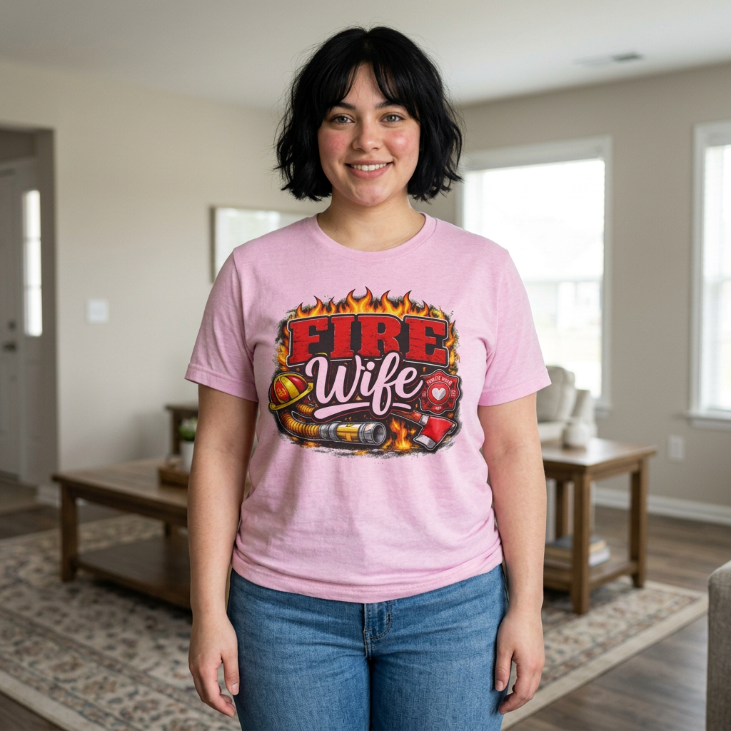 Fire Wife T-Shirt — Firefighter Spouse Tee with Helmet & Hose Design