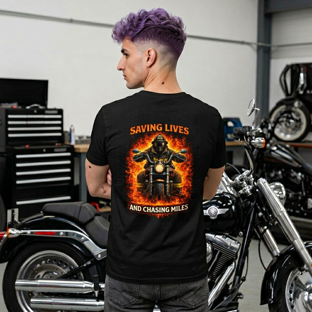 Saving Lives and Chasing Miles Firefighter Motorcycle T-Shirt - Back Graphic
