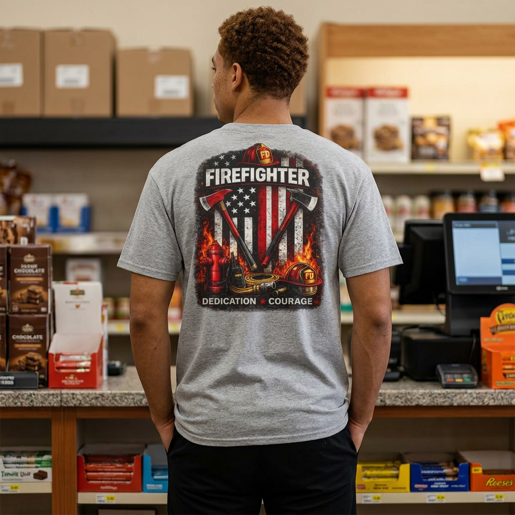 Firefighter T-Shirt — American Flag Helmet Design with "Dedication • Courage"