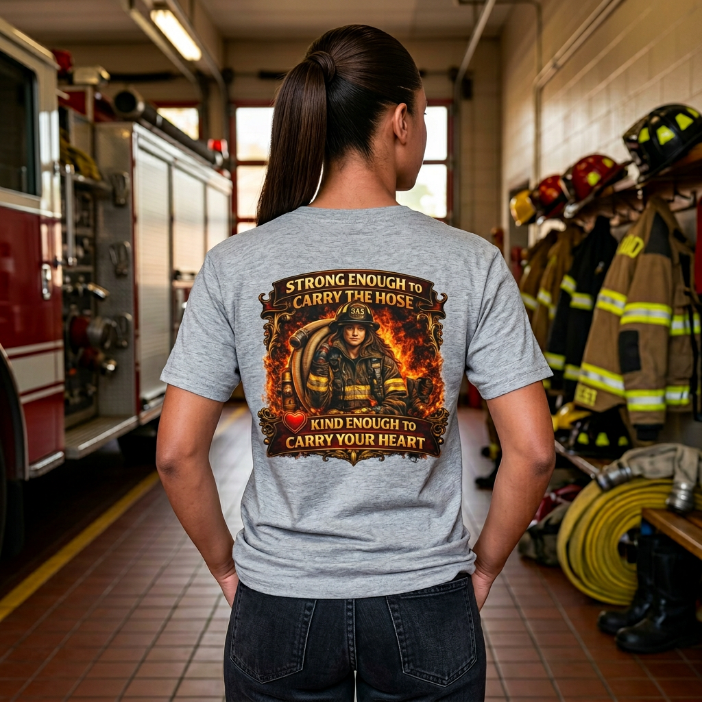 "Strong Enough to Carry the Hose, Kind Enough to Carry Your Heart"  Female Firefighter T-Shirt