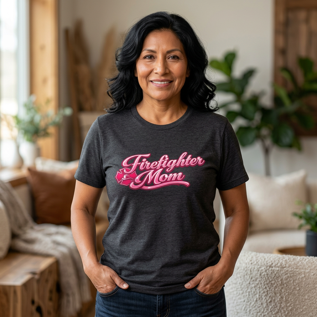 Firefighter Mom T-Shirt — Pink Script Rescue Emblem Tee