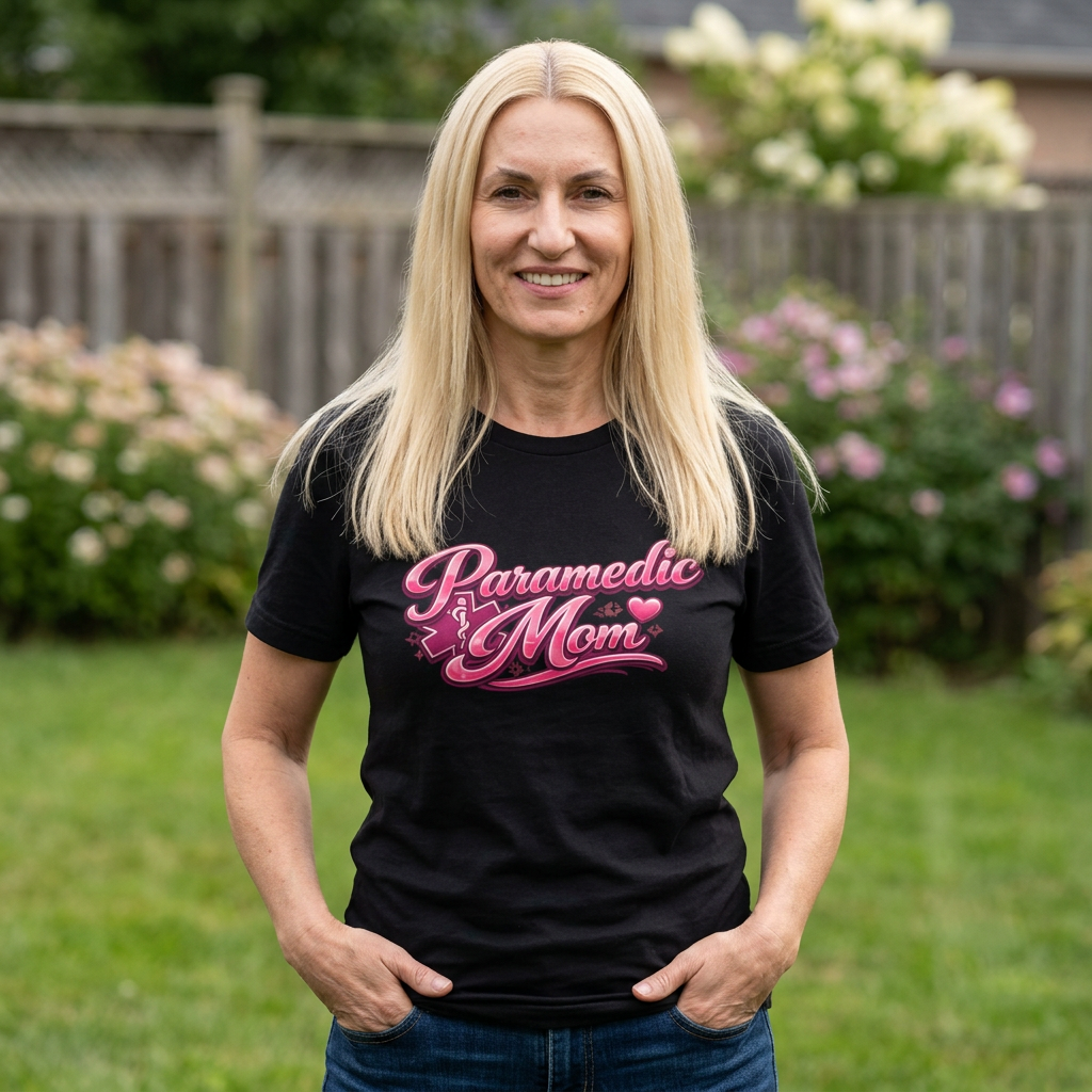 Paramedic Mom T-Shirt — Pink Retro Script Tee for EMS Moms, Mother’s Day Gift