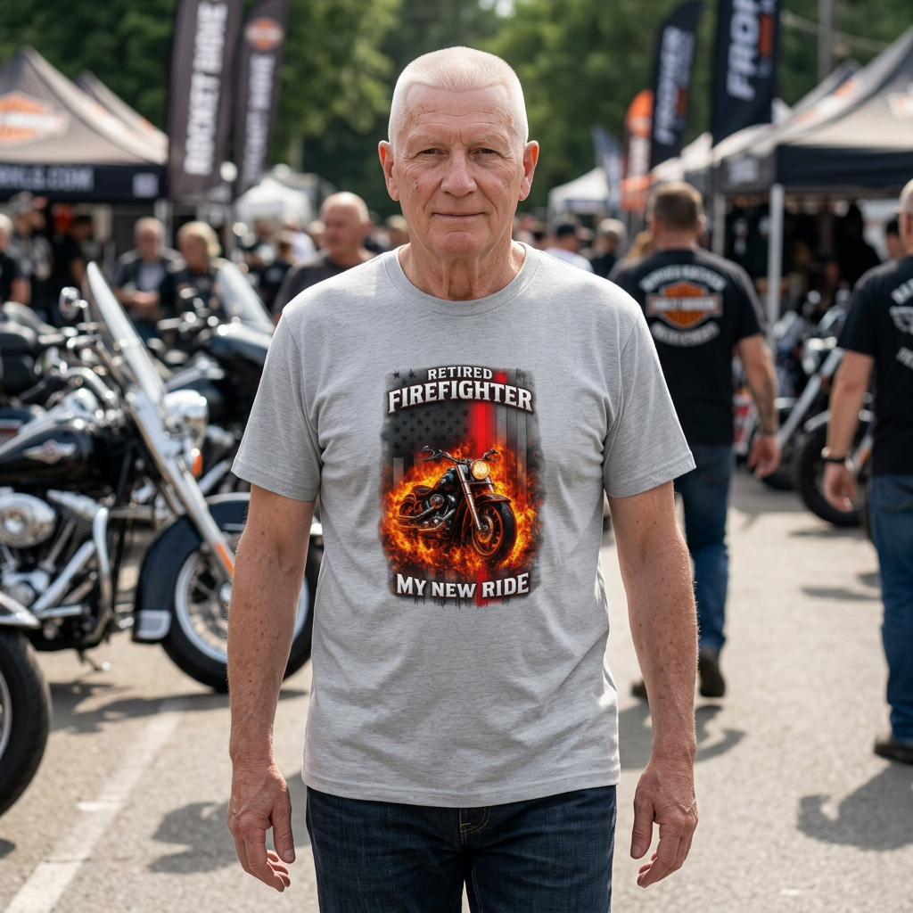 Retired Firefighter Motorcycle T-Shirt — “My New Ride” Biker Tee" Graphic on Front