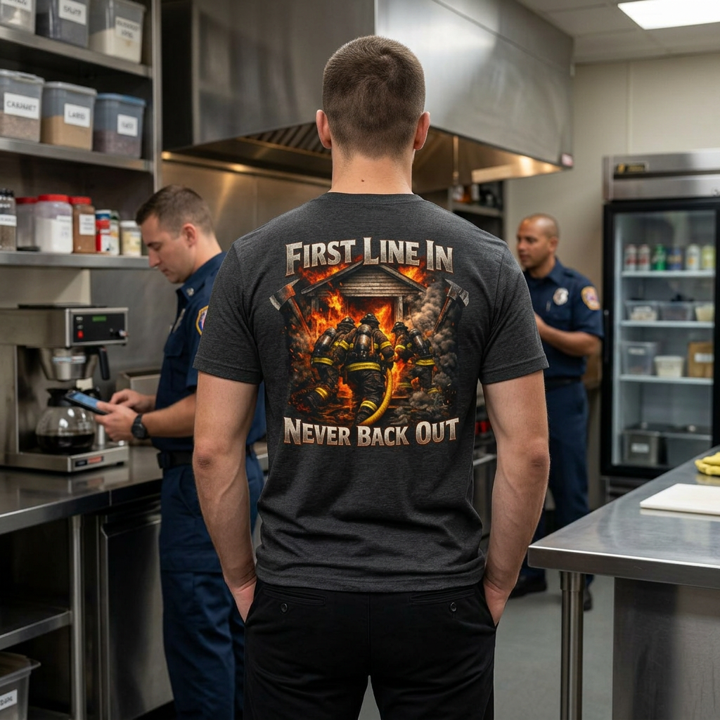Firefighter Tee — "First Line In, Never Back Out" Back Print