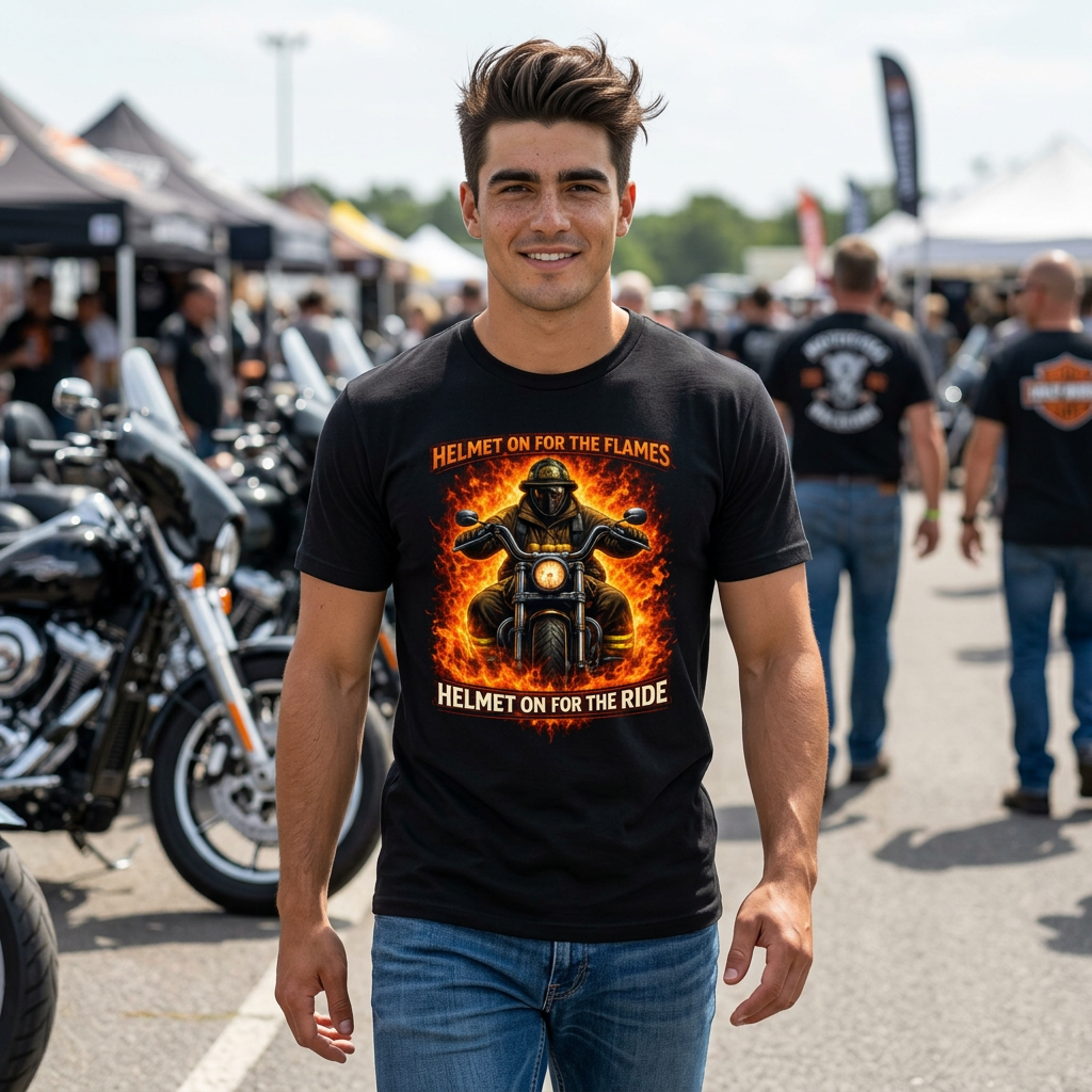Firefighter Biker Flames T-Shirt — "Helmet On for the Ride" Motorcycle Tee- Front Graphic