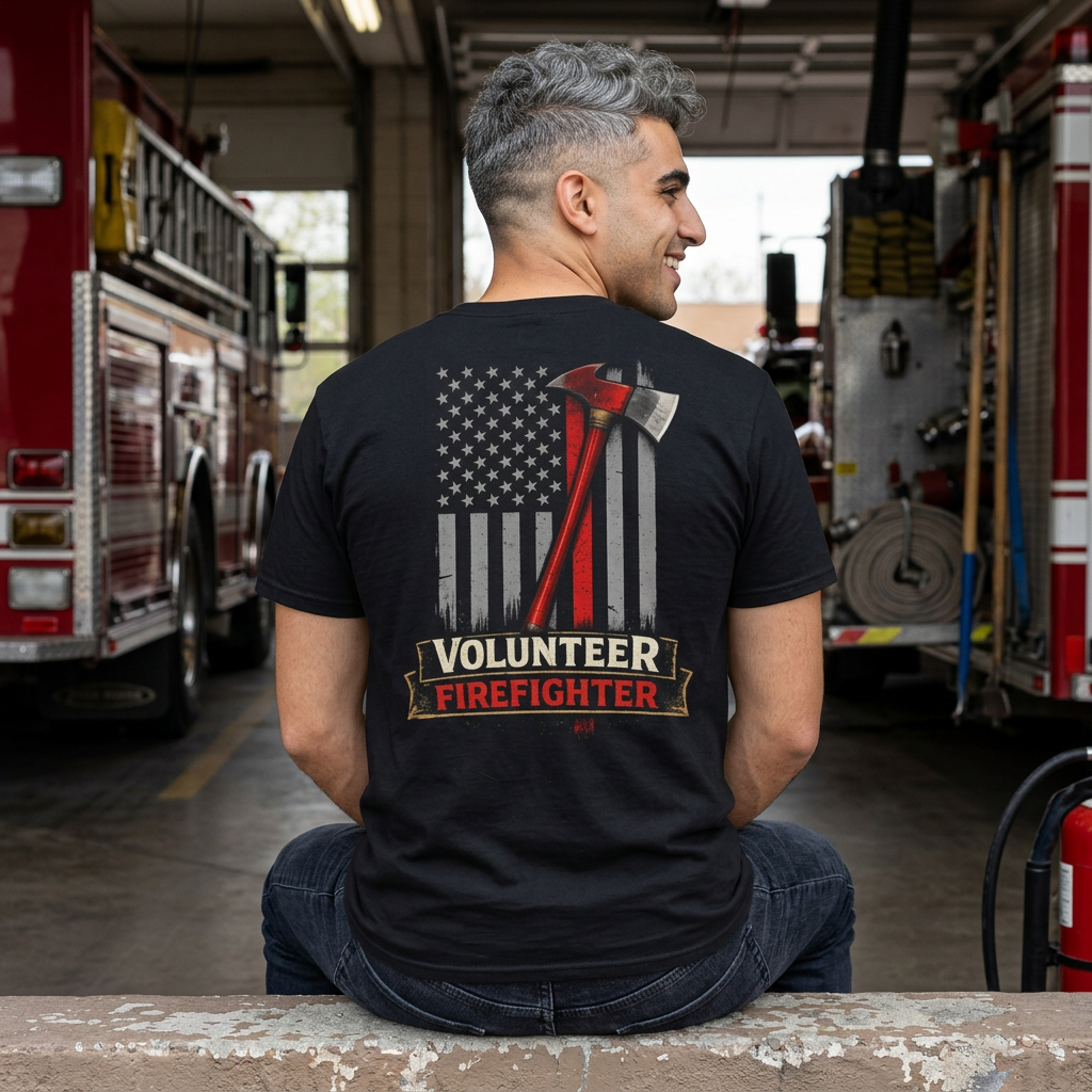 Volunteer Firefighter T-Shirt — American Flag, Axe & "Volunteer Firefighter" Graphic