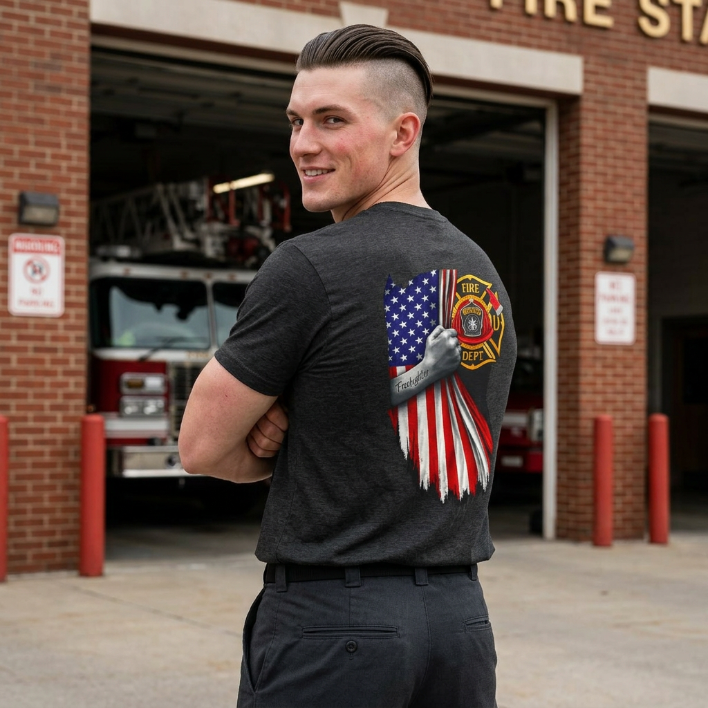 Firefighter Flag T-Shirt — American Flag & Maltese Cross Back Tee