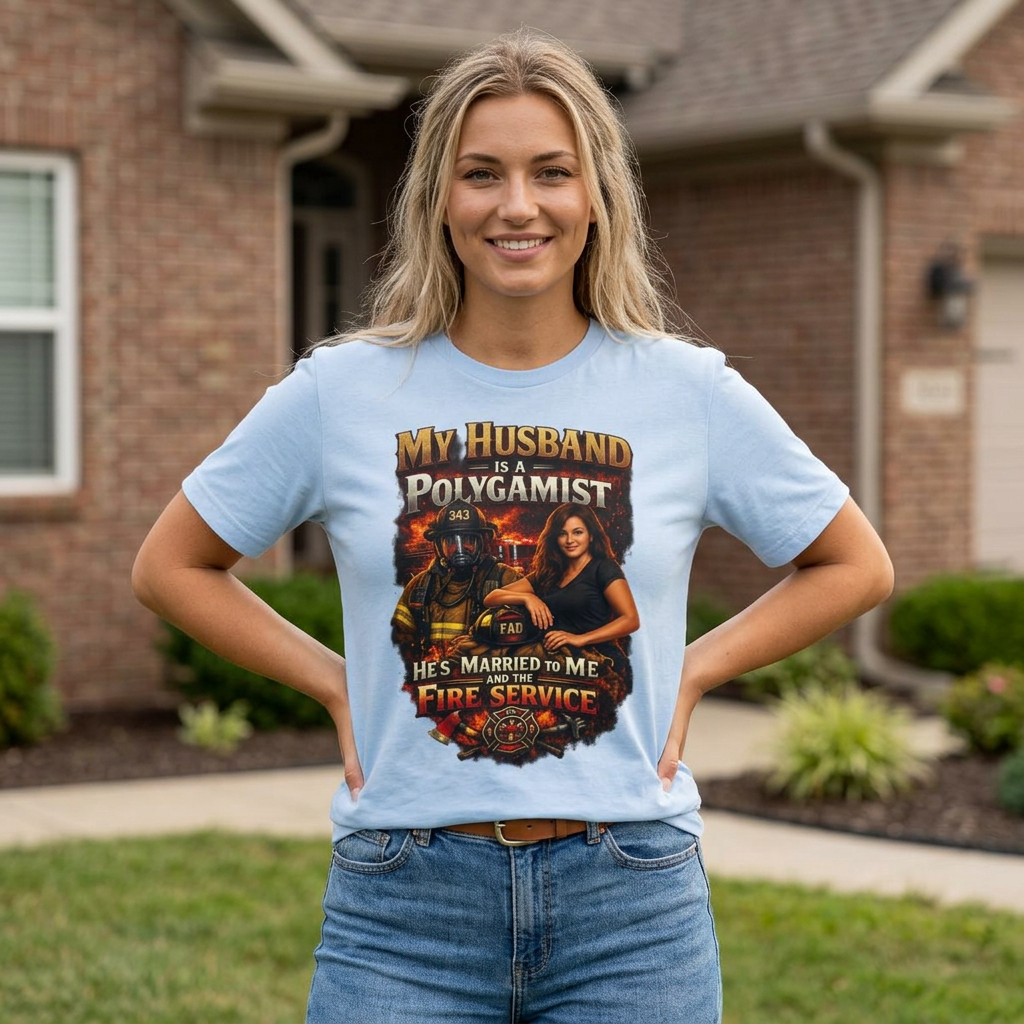 Firefighter Wife T-Shirt — "My Husband Is A Polygamist (He’s Married To Me And The Fire Service)"