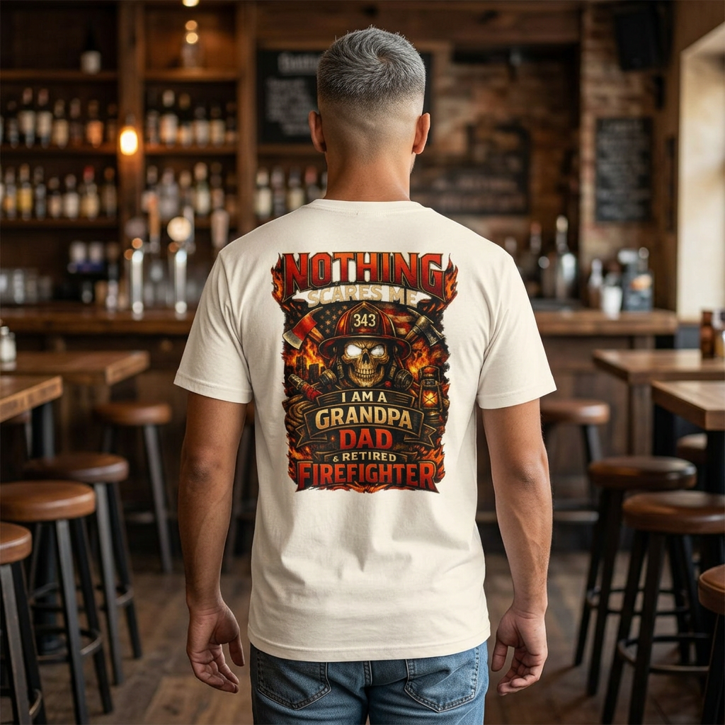 Retired Firefighter Grandpa T-Shirt — "I Am A Grandpa, Dad & Retired Firefighter" Back Print