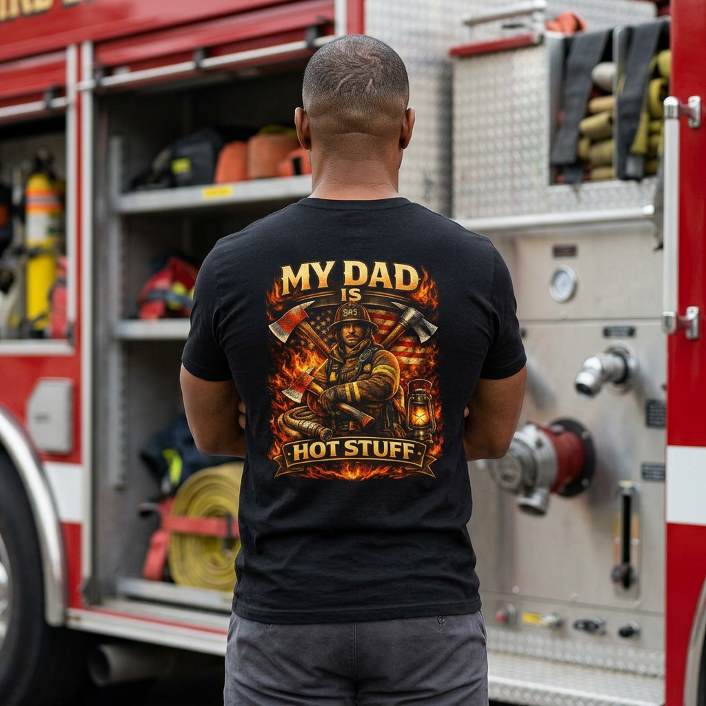 Firefighter Dad T‑Shirt — "My Dad Is Hot Stuff" Graphic Tee