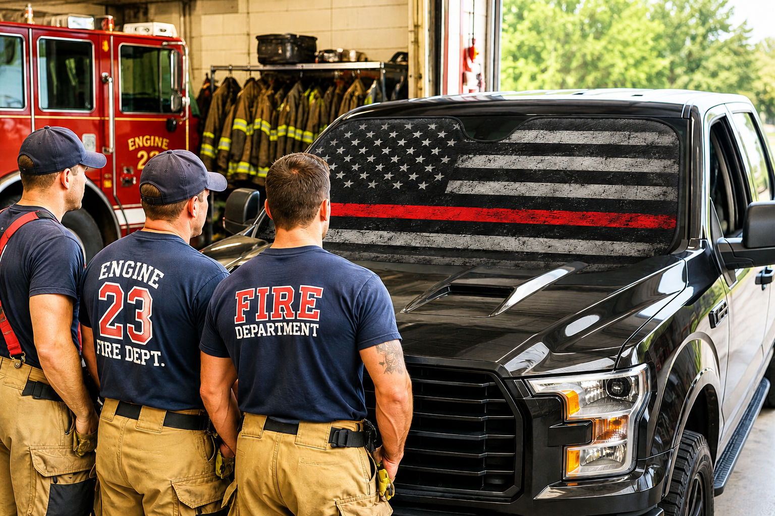 Thin Red Line American Flag Car Sunshade — Windshield Shade for Firefighters & First Responders