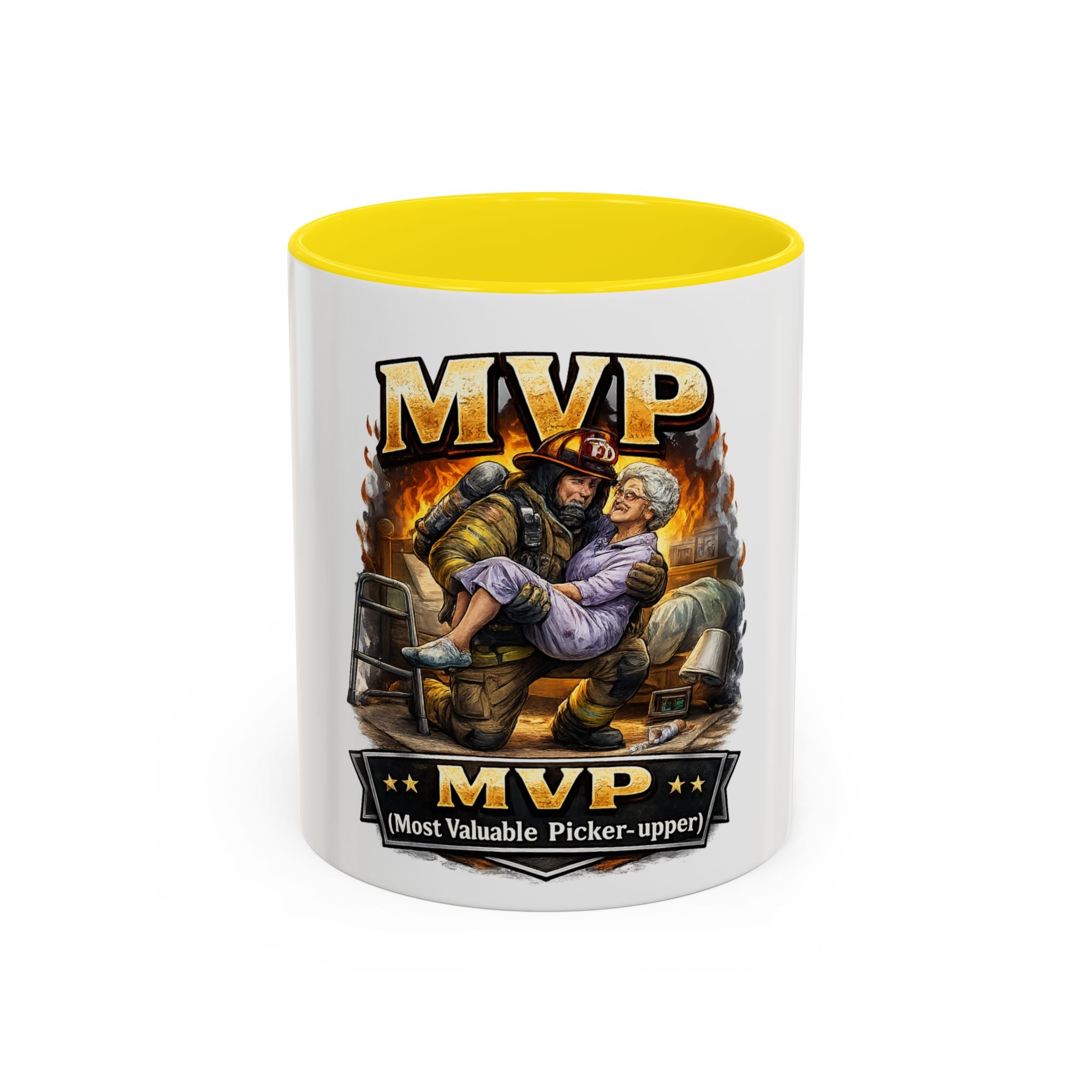MVP Coffee Mug — "Most Valuable Picker-Upper" Firefighter Rescue Design (11/15 oz)