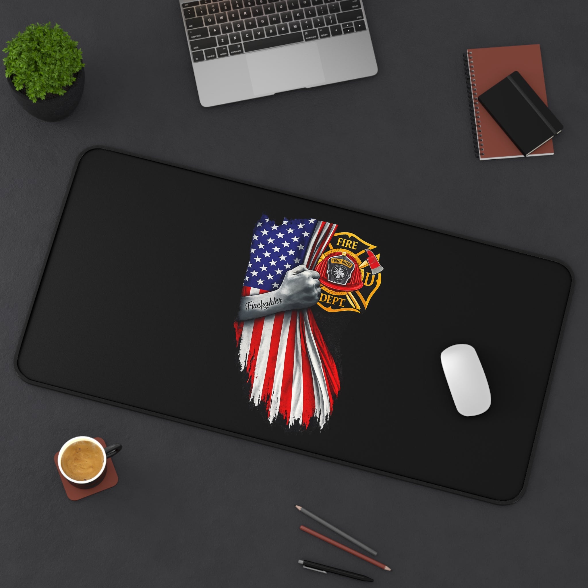 Firefighter American Flag Desk Mat — Thin Blue Line Tribute Mouse Pad