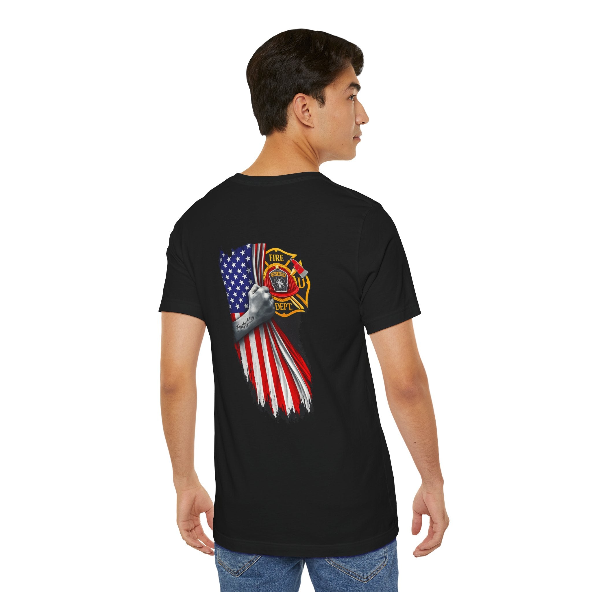 Firefighter Flag T-Shirt — American Flag & Maltese Cross Back Tee