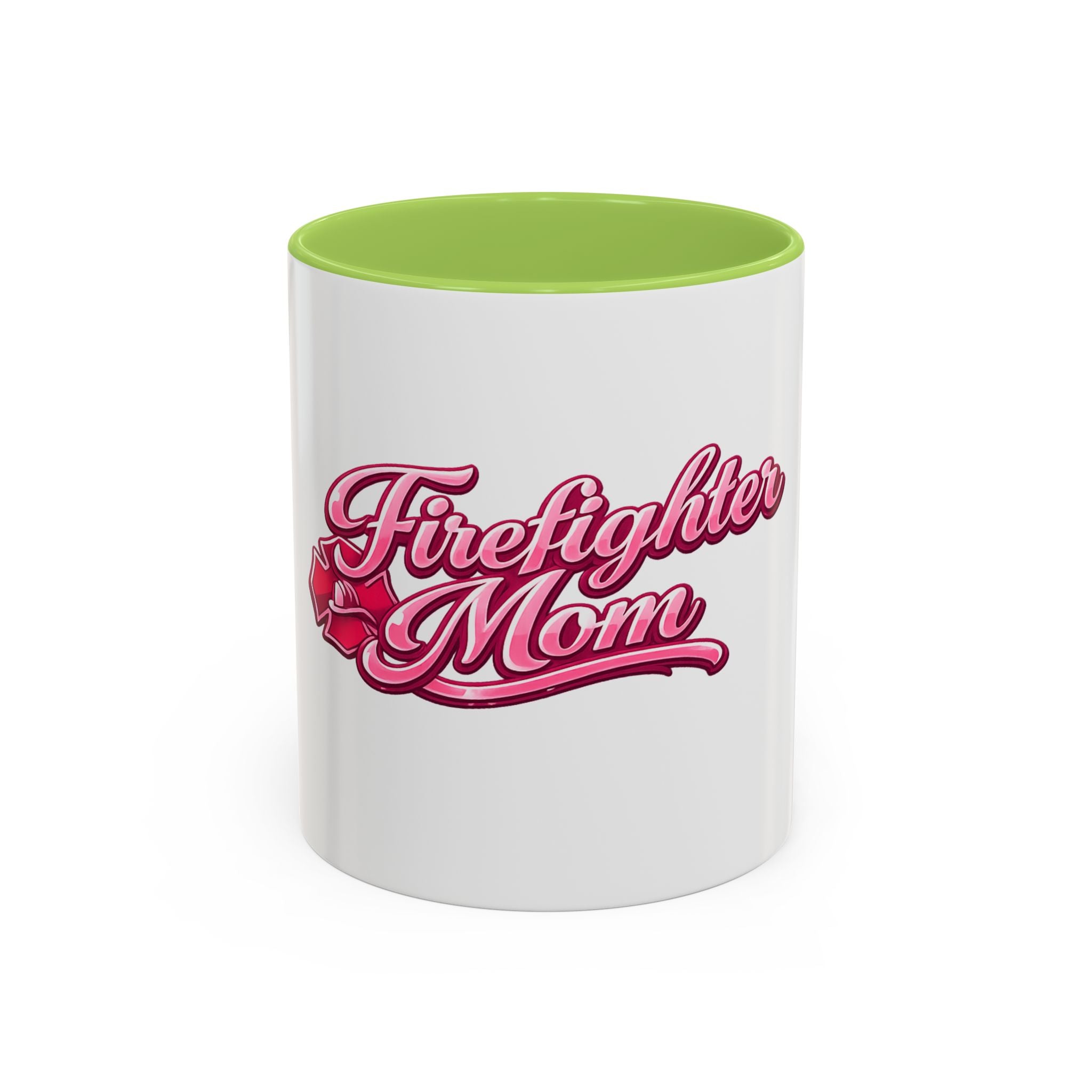 Firefighter Mom Accent Coffee Mug — Pink Script Tribute (11/15 oz)