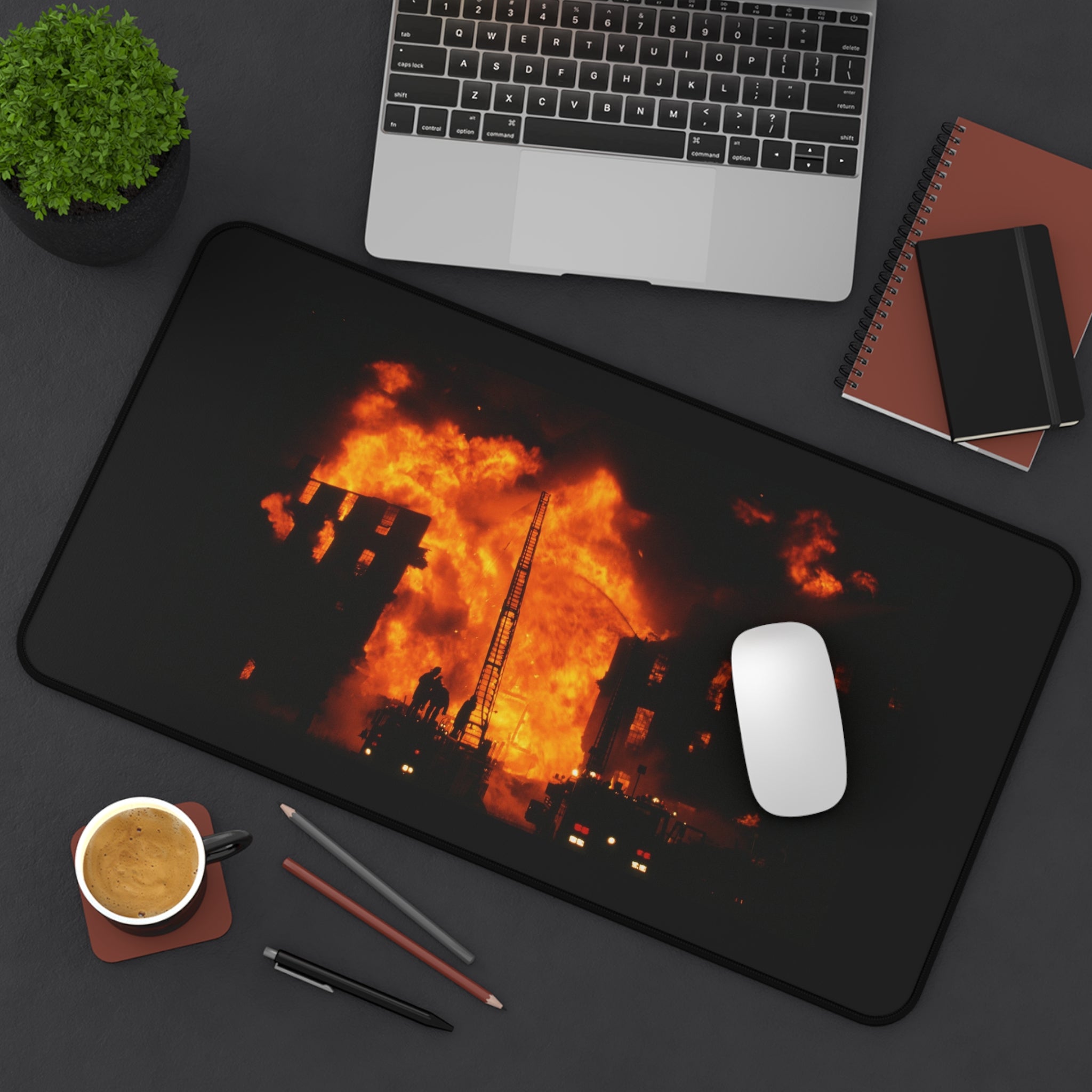 Firefighter Desk Mat – Fiery Urban Blaze Photo Mouse Pad for First Responders & Fire Enthusiasts