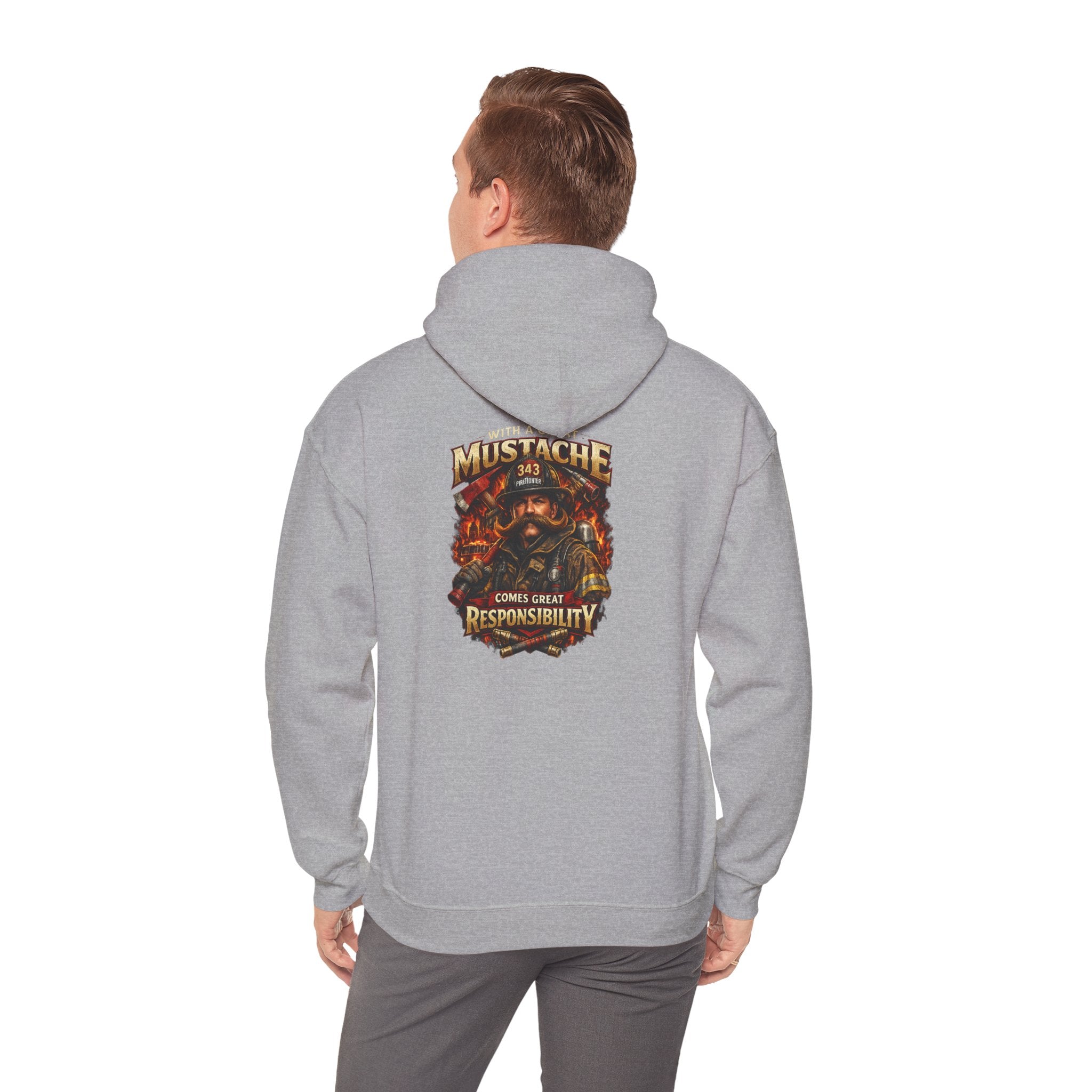 Hoodie - 'Mustache and Responsibility' Vintage Biker Fire Graphic Hooded Sweatshirt