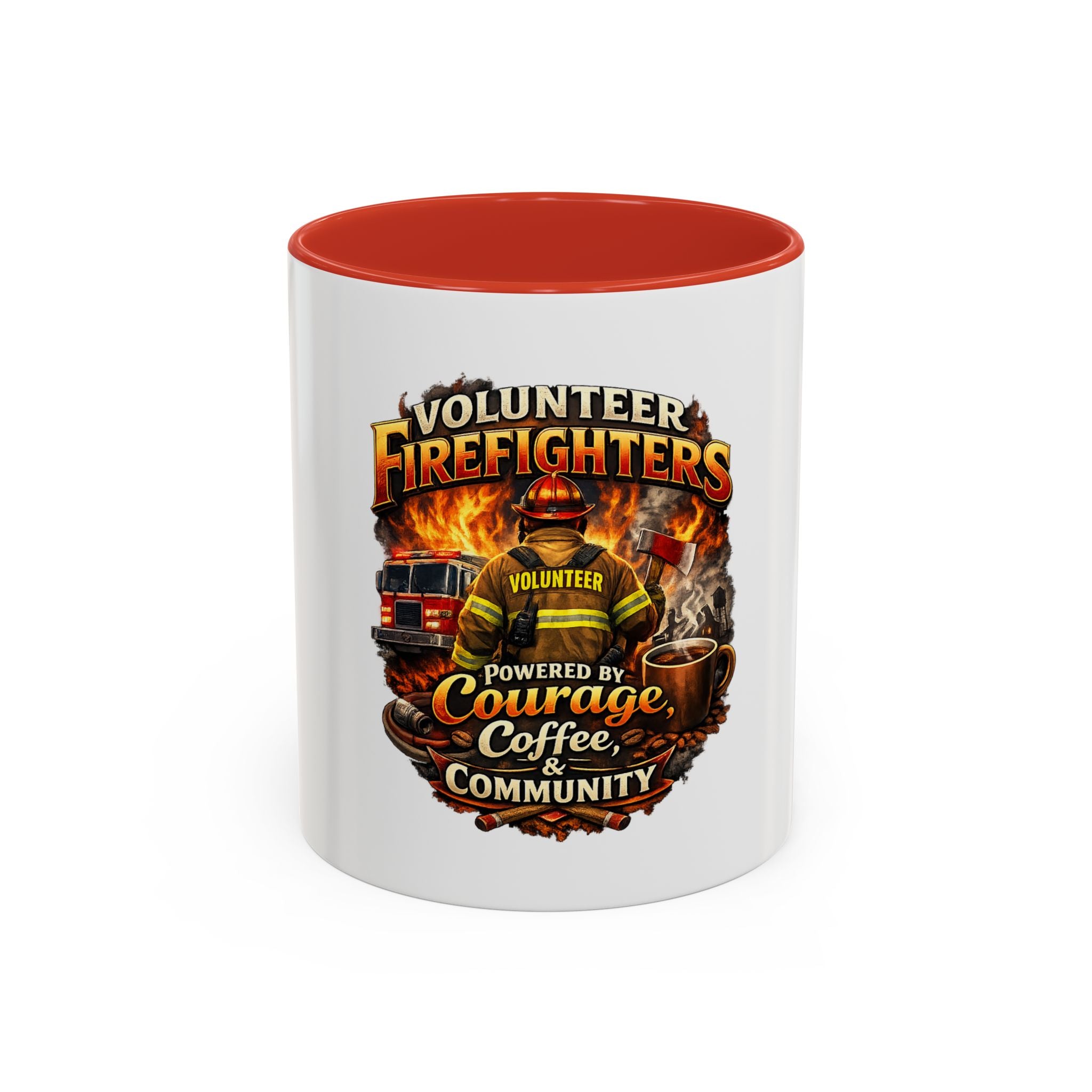 Volunteer Firefighter Coffee Mug — "Powered by Courage, Coffee & Community"