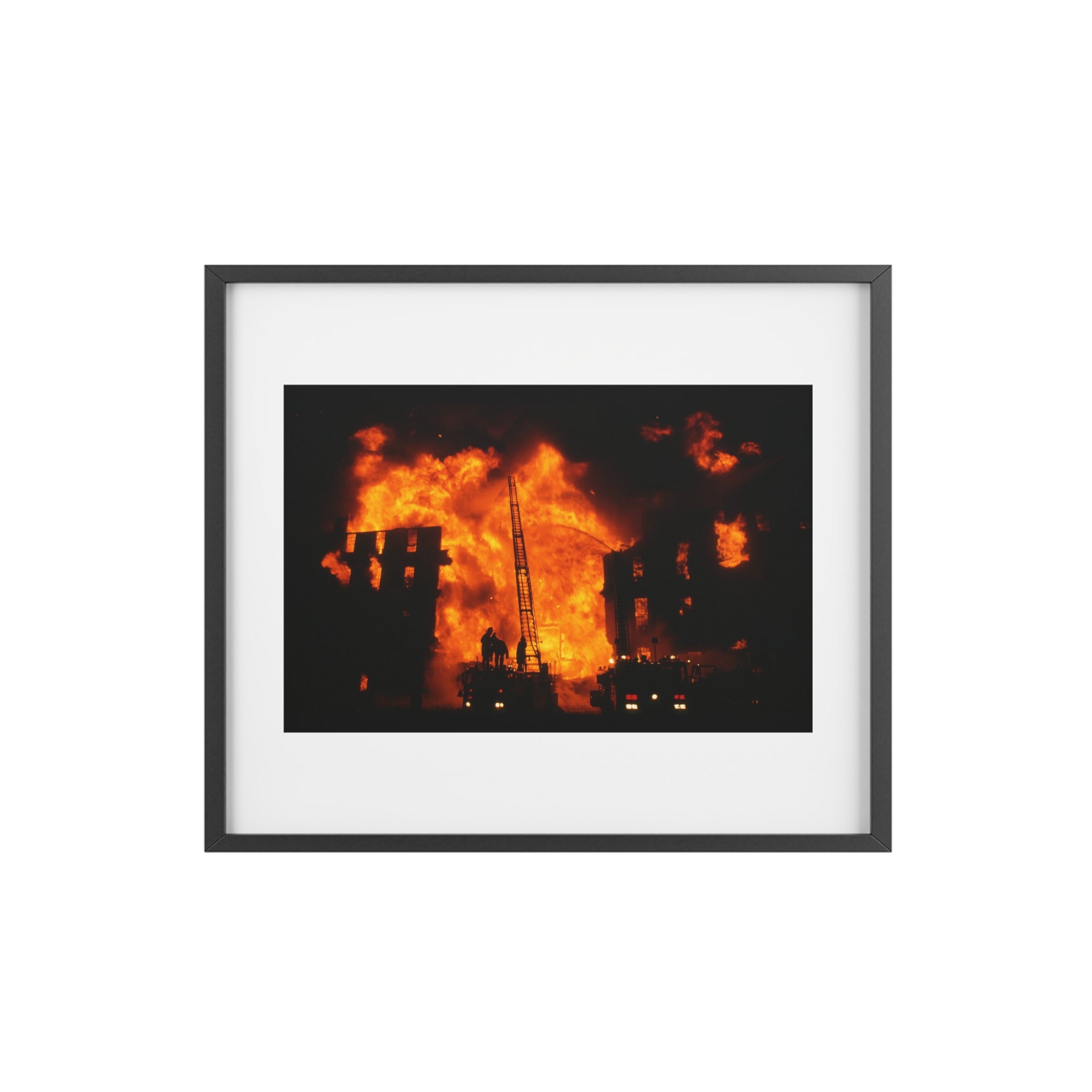 Firefighter Wall Art — Dramatic Building Fire Framed Poster (Matte)