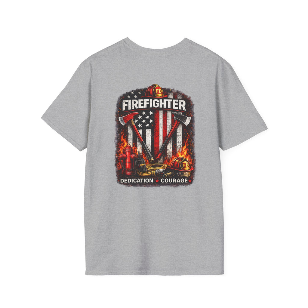 Firefighter T-Shirt — American Flag Helmet Design with "Dedication • Courage"