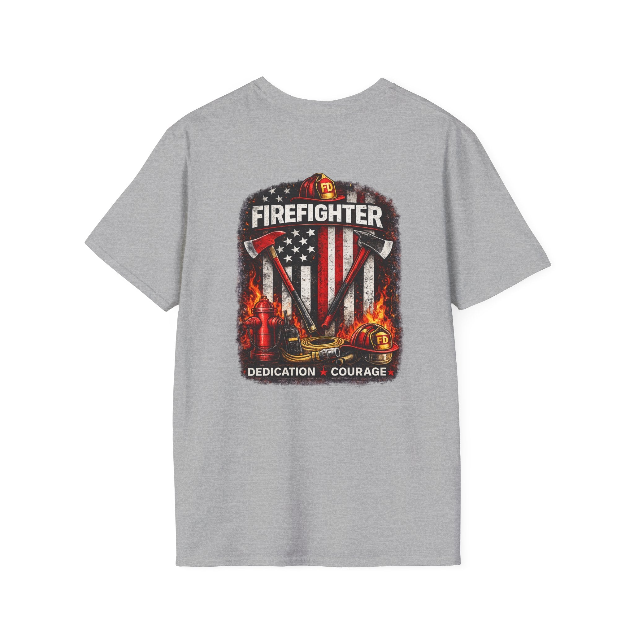 Firefighter T-Shirt — American Flag Helmet Design with "Dedication • Courage"