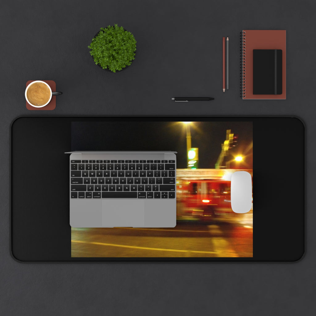 Emergency Response Desk Mat — Blurred Fire Truck Night Scene