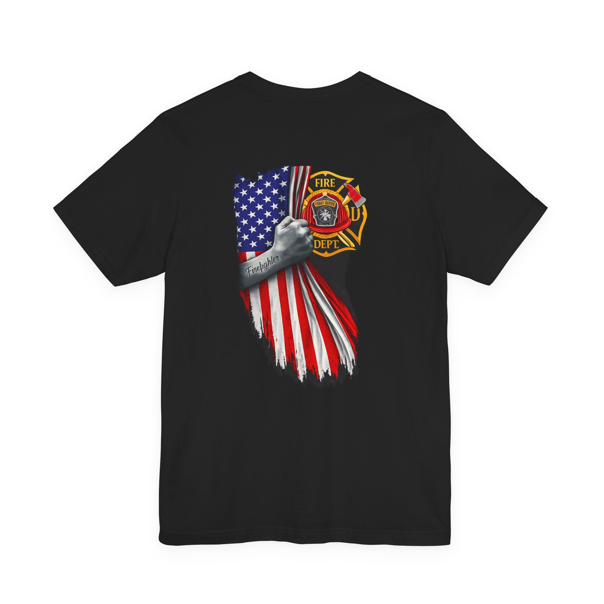 Firefighter Flag T-Shirt — American Flag & Maltese Cross Back Tee